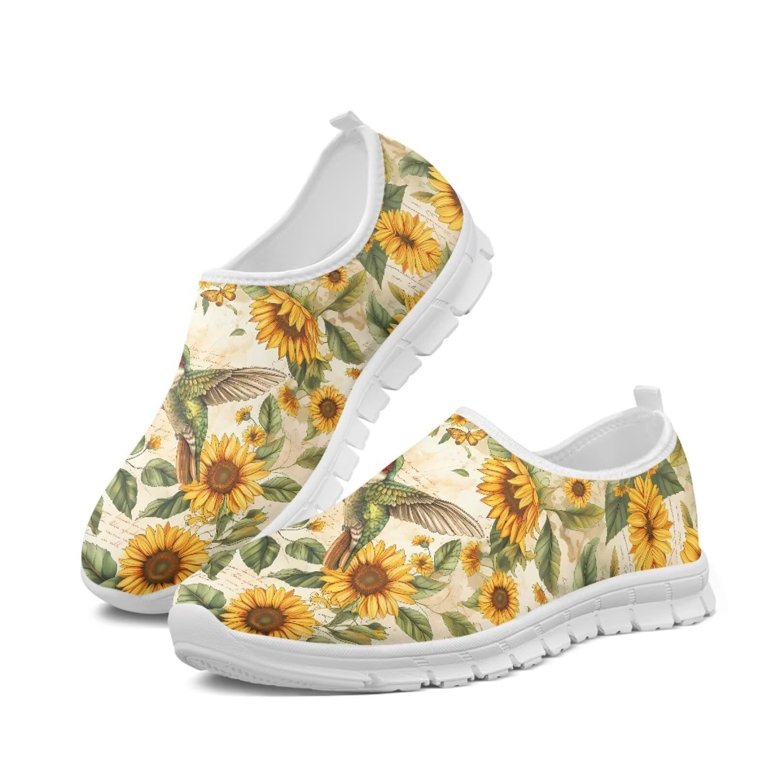 JUDENTIDOS Sunflower Hummingbird Running Sneakers for Womens Slip on Flats Loafers Casual Outdoor Walking Shoes Lightweight Athletic Tennis Sport Shoes
