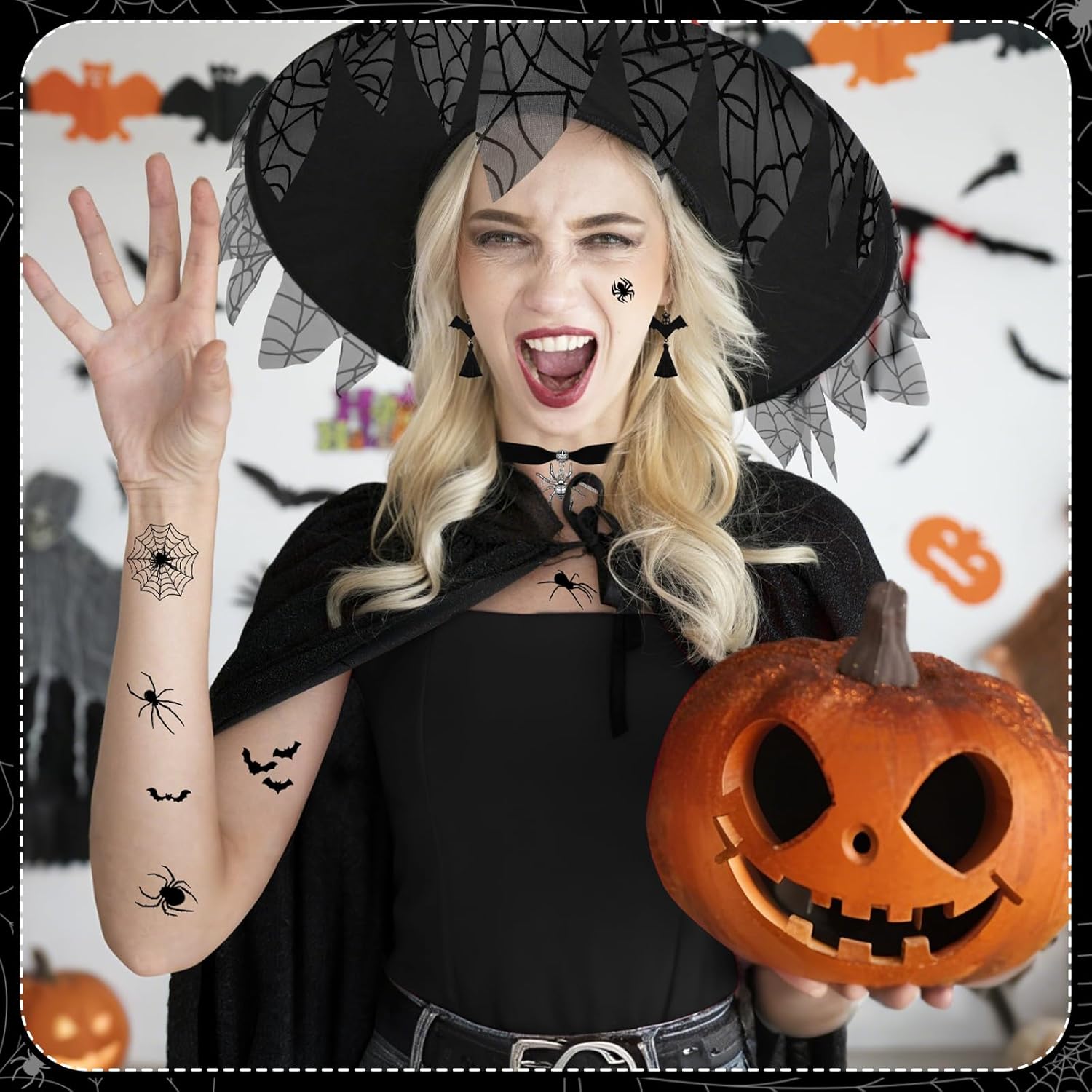 SelfTek Witch Costume for Women - Halloween Womens Wit-ch Costume, 17-Piece Hooded Cloak, Witc-h Hat, Long Gloves, Spider Necklace, Eardrop, Tattoo Stickers, for Halloween, Cosplay Props Party Outfits - Image 3