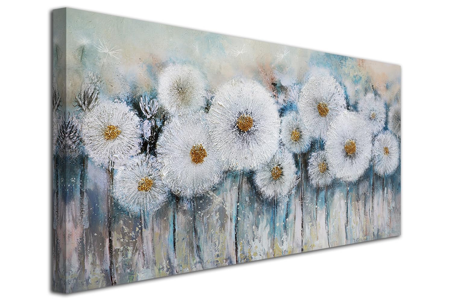 Acocifi Dandelion Painting Flowers Landscape Wall Art Abstract Florals Canvas, Textured Picture White Botanical Print Artwork Framed for Living Room Farmhouse Bedroom Nursery Office Home Decor 40"x20"