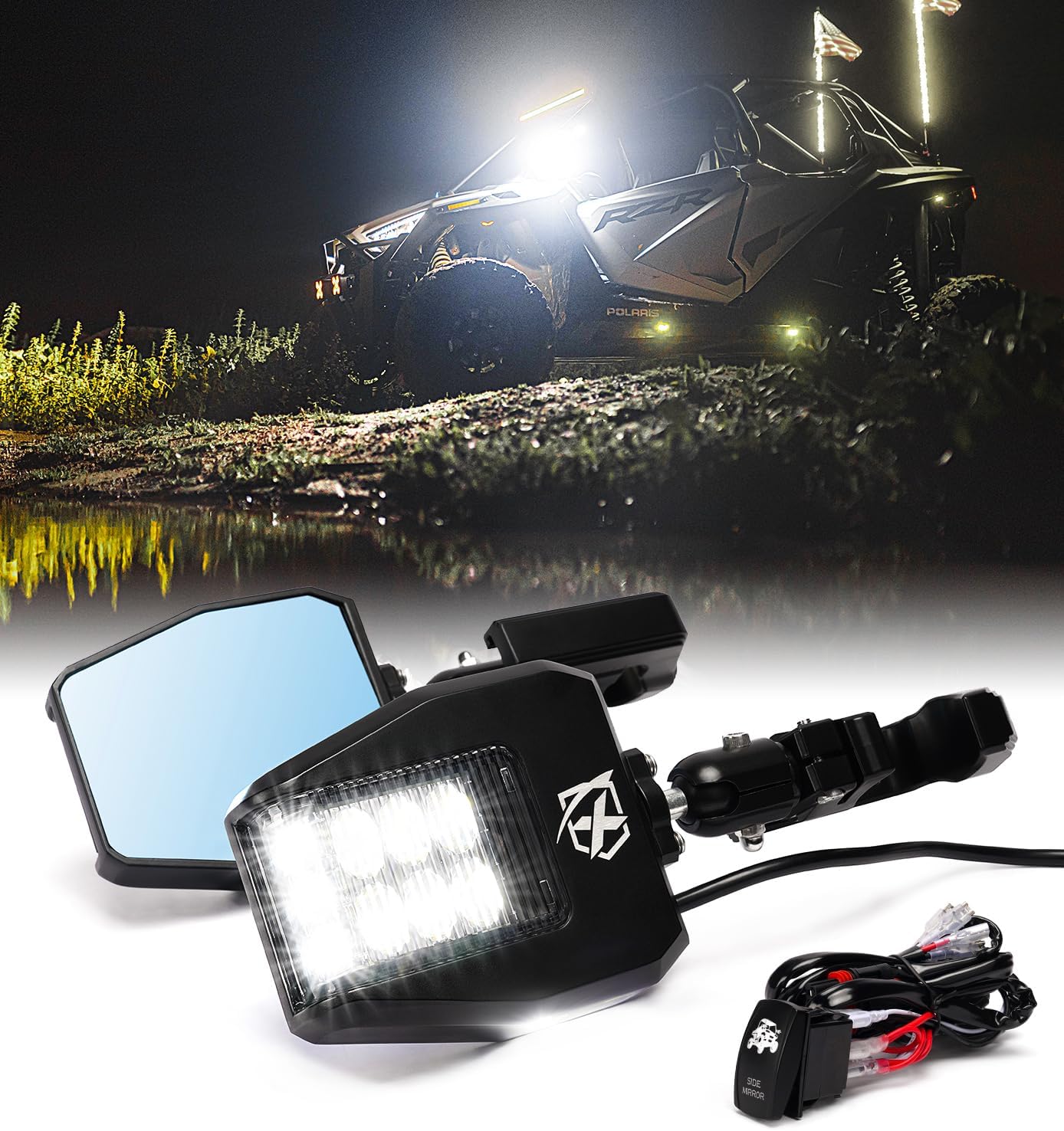 Xprite UTV LED Aluminum Rear View Mirror Light with Puddle Lights Fits 1.75"-2" Roll Cage Bar for Polaris RZR Pioneer, SXS, Can-Am X3, Kawasaki Teryx Mule, Yamaha Rhino Wolverine