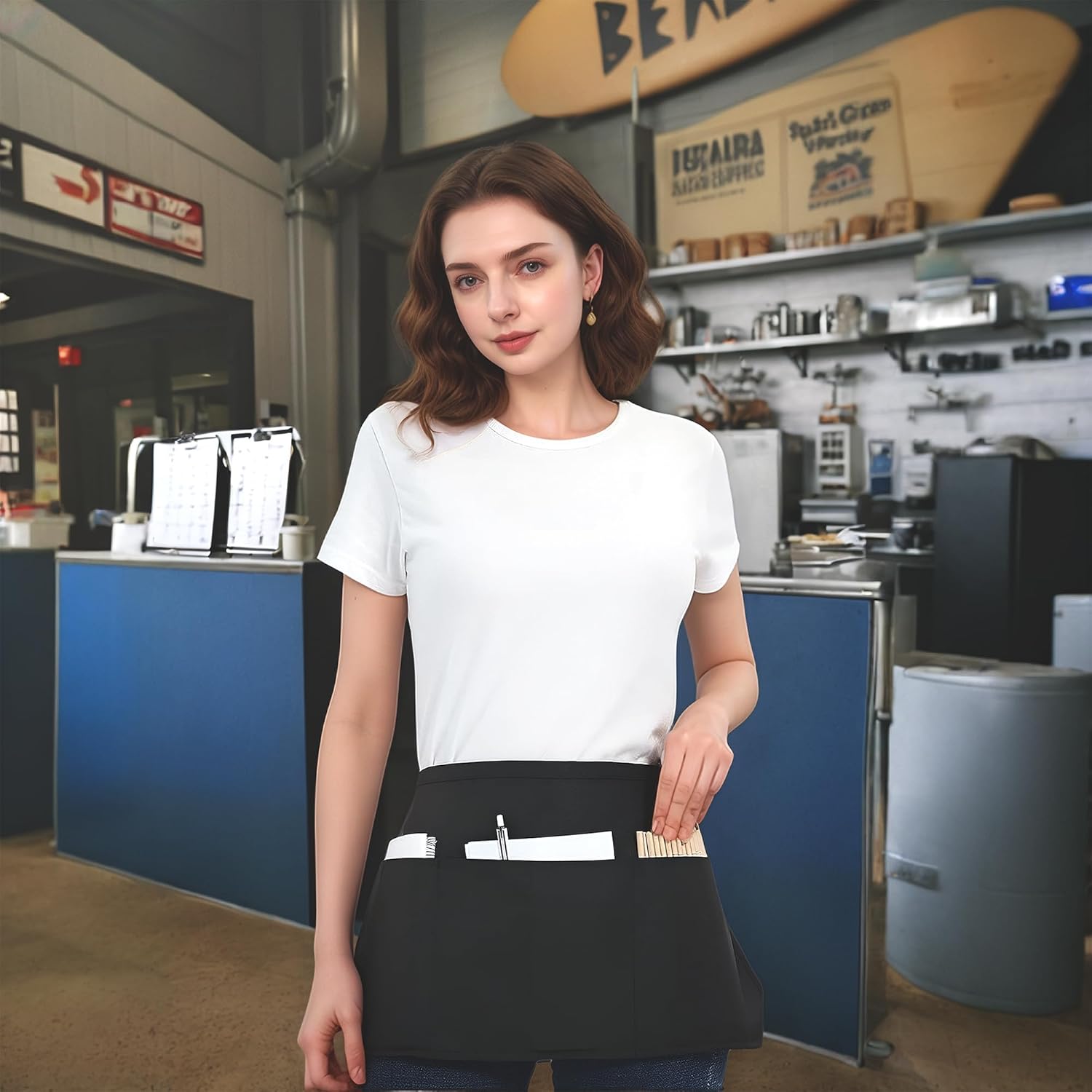3PCS Server Apron, Black Waitress Apron Short Half Waist Aprons for Waitress Waiter Servers Women Men with 3 Pockets - Image 5