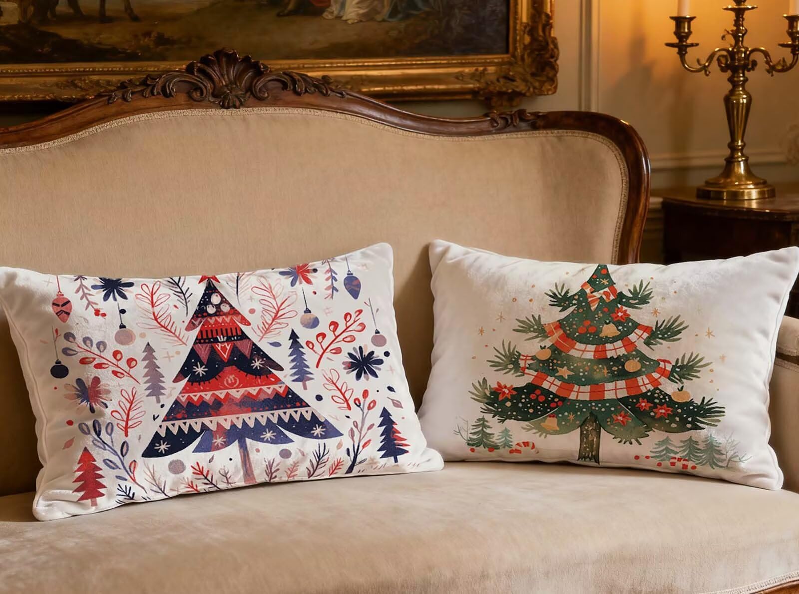 Taie oreiller pour decoration maison en velours crème avec motif de Noël chaleureux