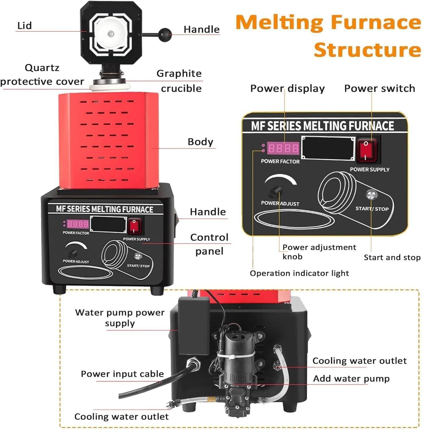 Forno di Fusione per Oro 5000 W,Temperatura Max. 1600℃/2912℉,Forno Fusorio Elettrico con Crogiolo di Grafite,Lavorazione Raffinazione di Metalli,per Oro,Argento Black-3kg