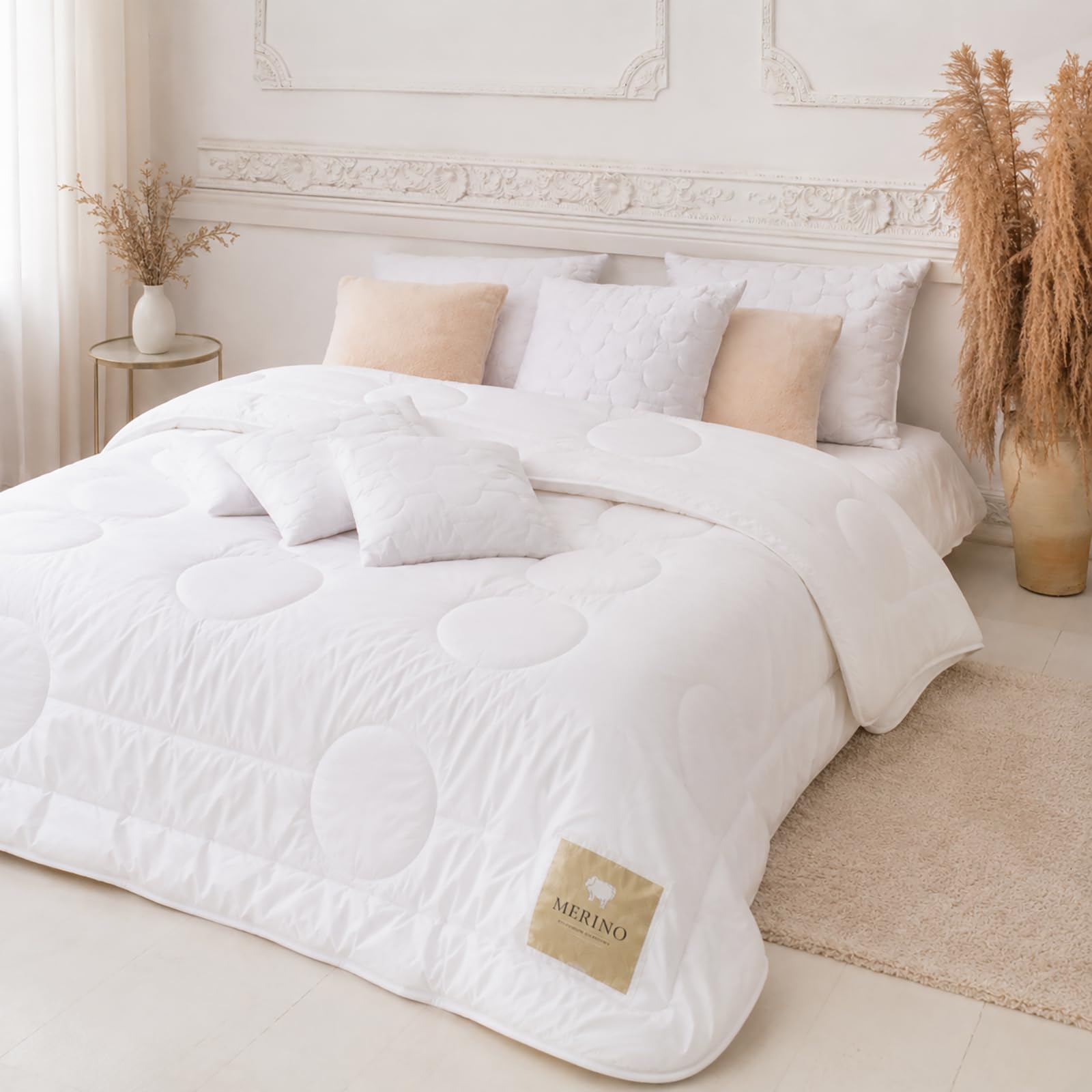 Verdone Merino Ganzjahresbettdecke 180 x 200 cm - 100% Merinowolle - Bettdecke für das ganze Jahr - Baumwoll-Satin Bezug - temperaturausgleichend, atmungsaktiv - Premium Steppdecke