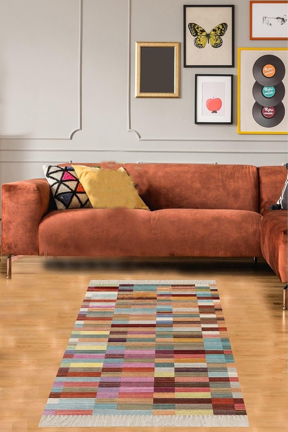 Pelangi Renk Bloklu Geometrik Geçişli Dijital Baskı Yıkanabilir Kaymaz Taban Salon Halısı Ve Yolluk, Karışık Renkli 100 x 150