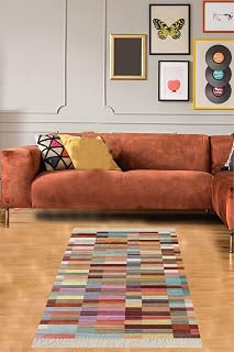 Pelangi Renk Bloklu Geometrik Geçişli Dijital Baskı Yıkanabilir Kaymaz Taban Salon Halısı Ve Yolluk, Karışık Renkli 100 x 150