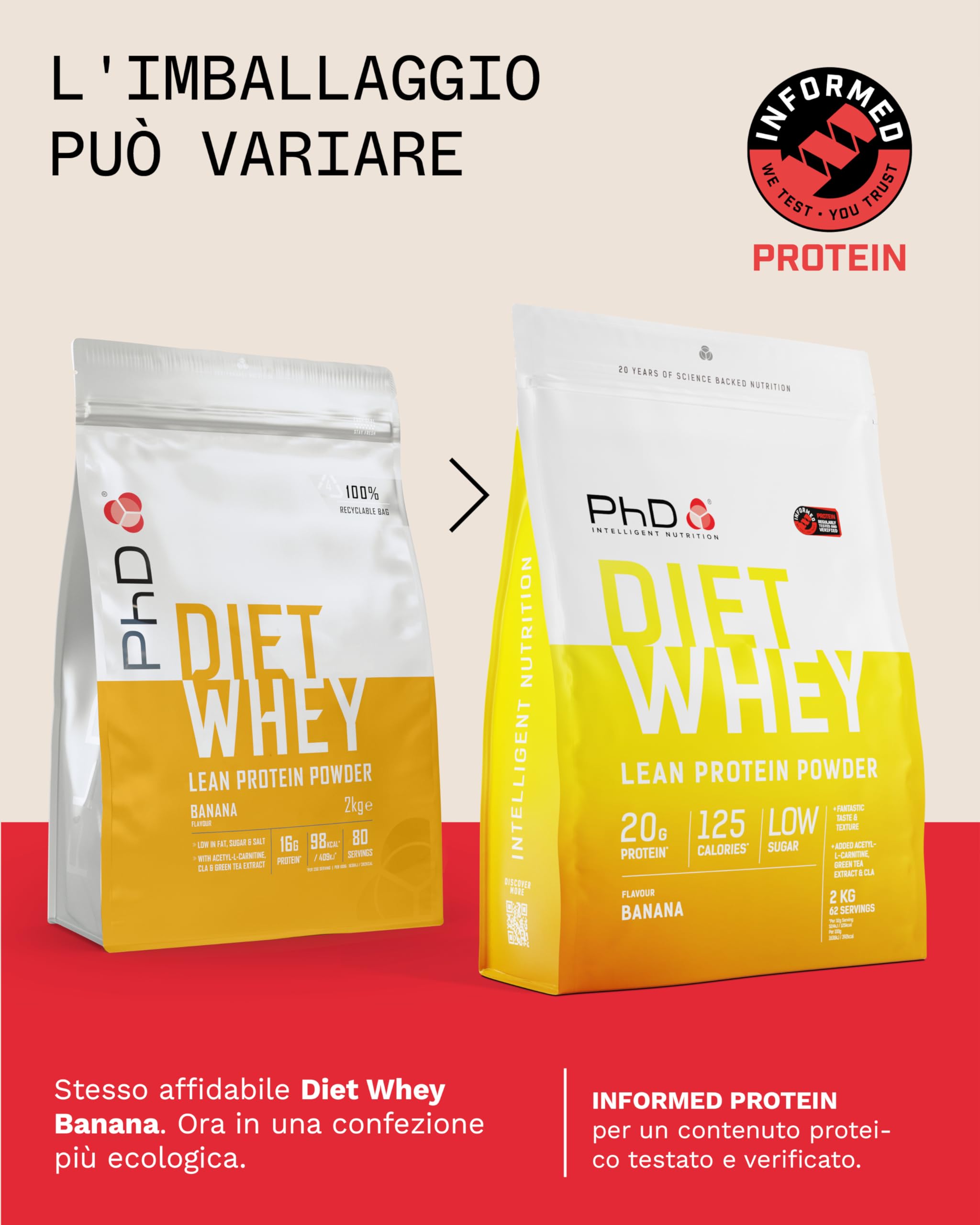 PhD Nutrition Diet Whey Protein in Polvere 2kg Banana - Proteine del siero di latte con 20g di proteine e 5,5g di BCAA per porzione, Basso contenuto di zuccheri e calorie