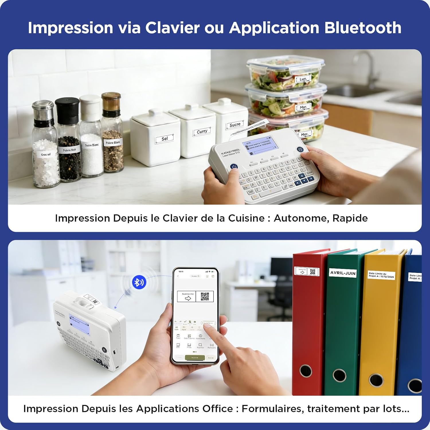 Smartphone displaying the SUPVAN label maker app interface, showing options for text, icons, and frames.