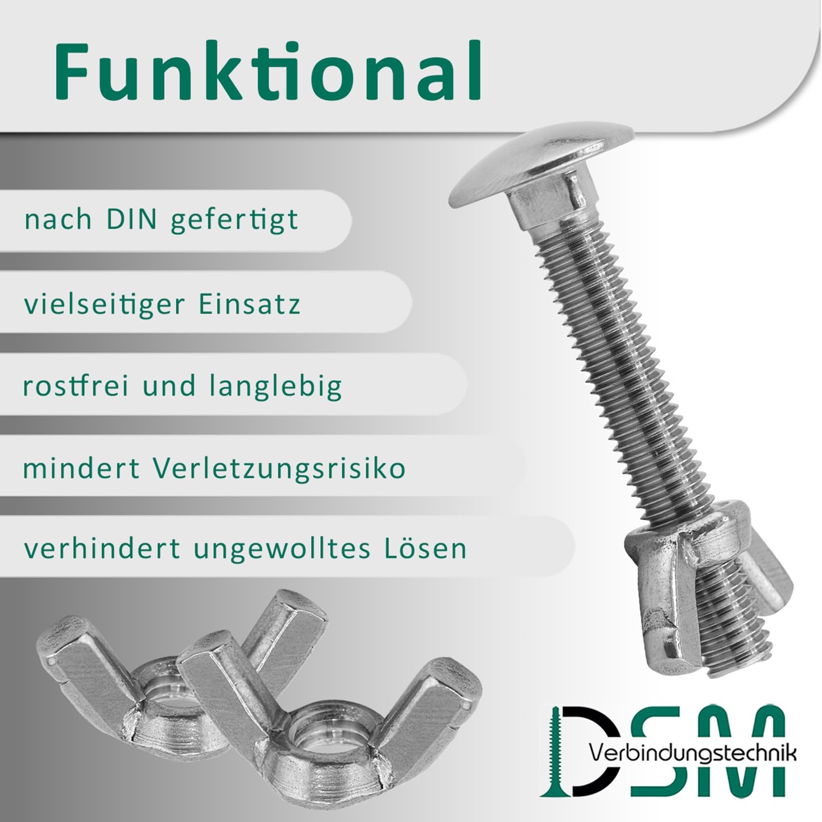 DSM – śruby zamkowe M12 x 65 mm zgodnie z DIN 603 – nakrętka motylkowa DIN 315 – stal szlachetna A2/V2A – pełny gwint – śruby z łbem płaskim z nasadką czworokątną – nakrętka motylkowa – 100 sztuk