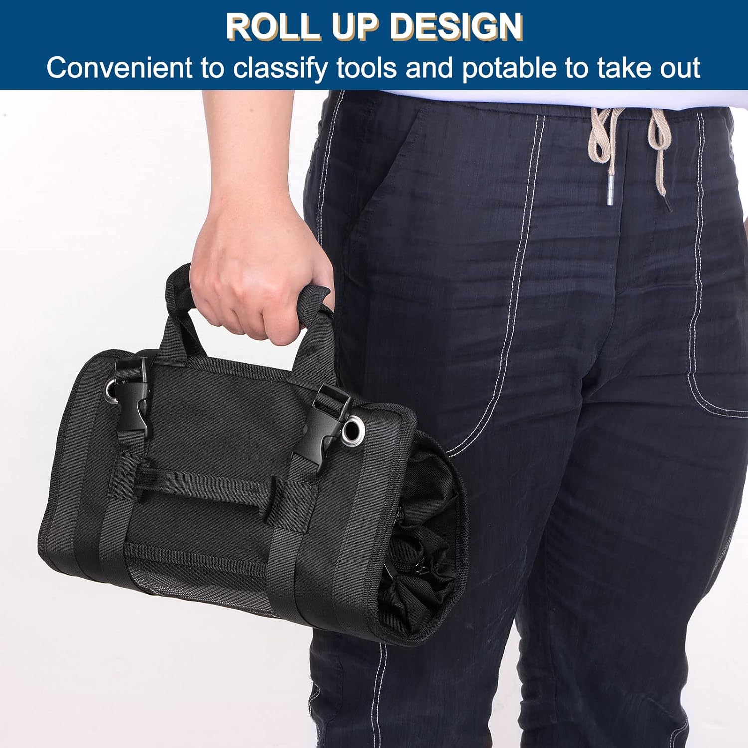 HARFINGTON Roll Up Tool Bag 19" x 16" with Detachable Pouches and Compartments, Multipurpose Utility Roll Tool Storage Organizer for Mechanics, Plumbers, Electricians, Carpenters, Black