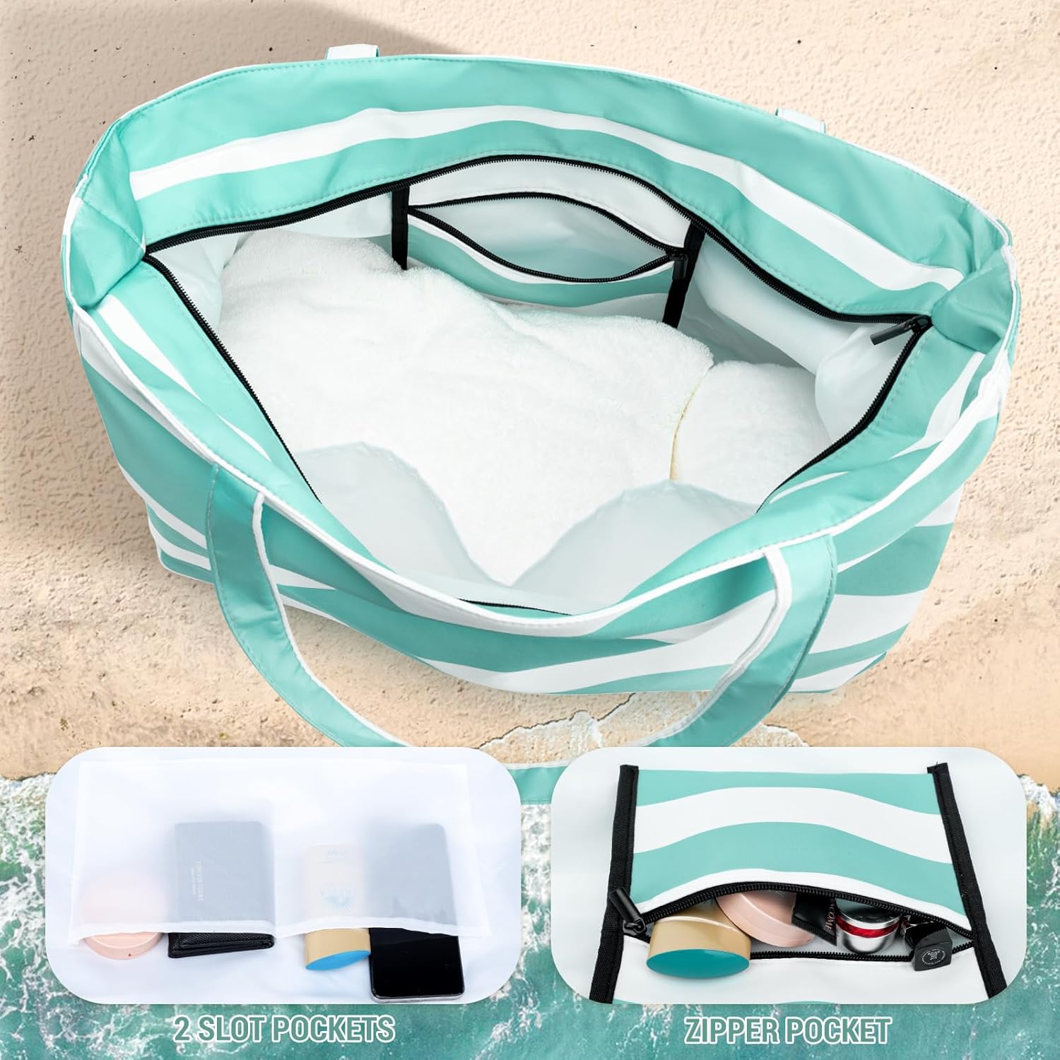 Iioscre Beach Bag for Women, Large Beach Tote Bag with Zipper Pockets, Waterproof Sandproof Swim Bag Pool Vacation Travel - Image 3