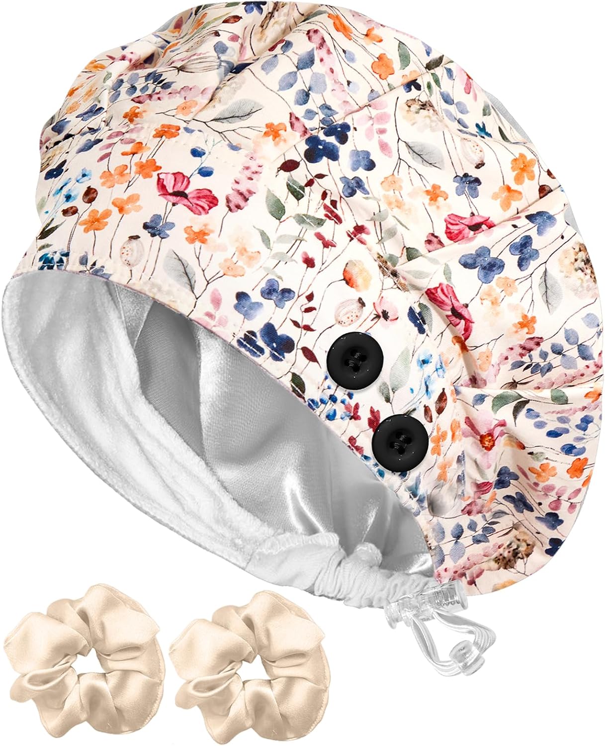 Plifal Satin Lined Bouffant Scrub Cap with Buttons-Adjustable 100% Cotton Nurse Hat with Sweatband and 2 Scrunchies