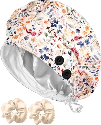 Plifal Satin Lined Bouffant Scrub Cap with Buttons-Adjustable 100% Cotton Nurse Hat with Sweatband and 2 Scrunchies