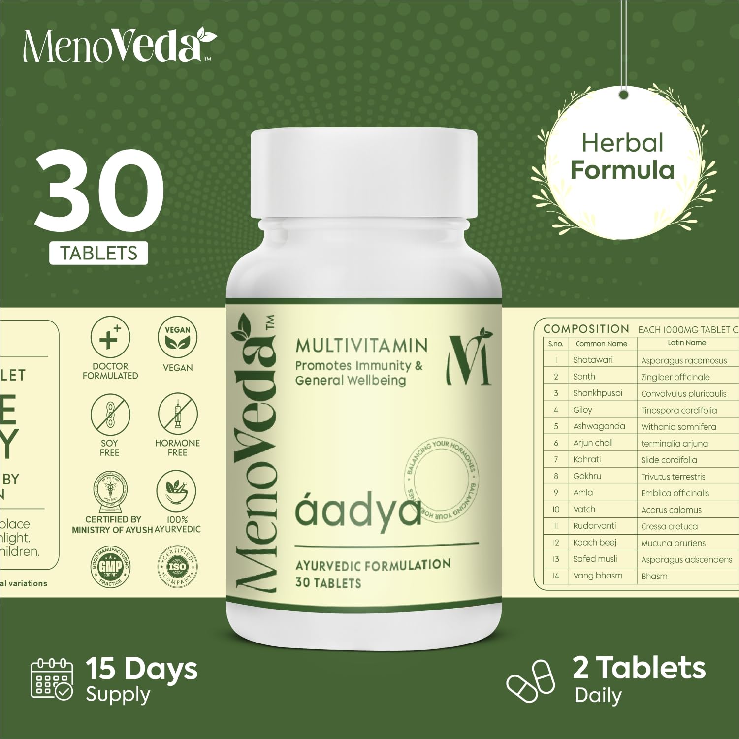 Menoveda Aadya Multivitamin for Women -30 Tablets (Pack of 3) Ayurvedic Multivitamin Supplement for Immunity, Energy & Hormone Balance | Daily Women’s Vitamins for General Wellbeing | Herbal Nutritional Support 3