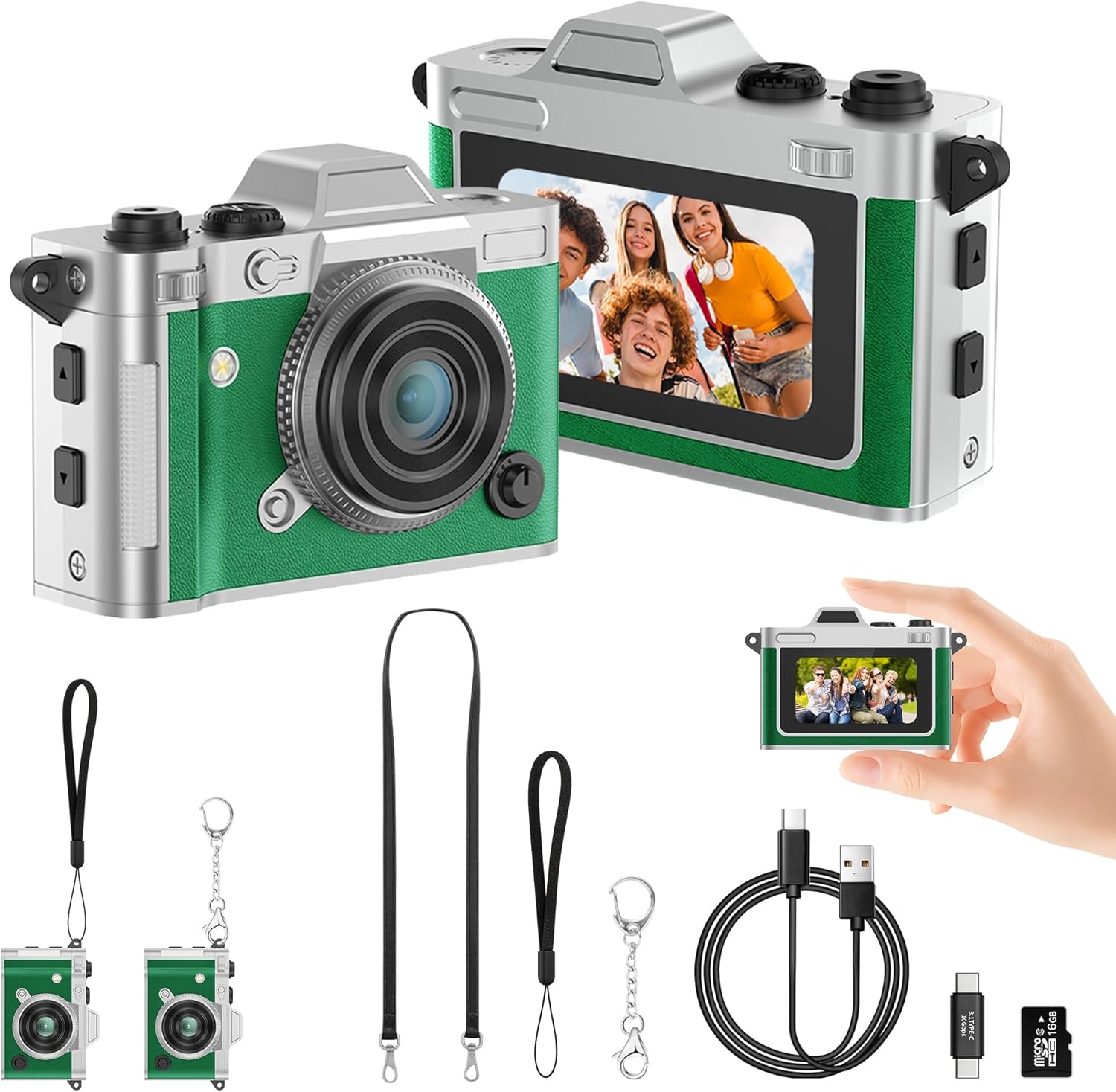 Pocket Mini Camera, Y2K Retro Keychain Digital Camera with Leather Body, Small Portable 2K HD Video Recorder with 16GB Card, Tiny Vintage Camcorder for Travel Vlogging Camera, Green