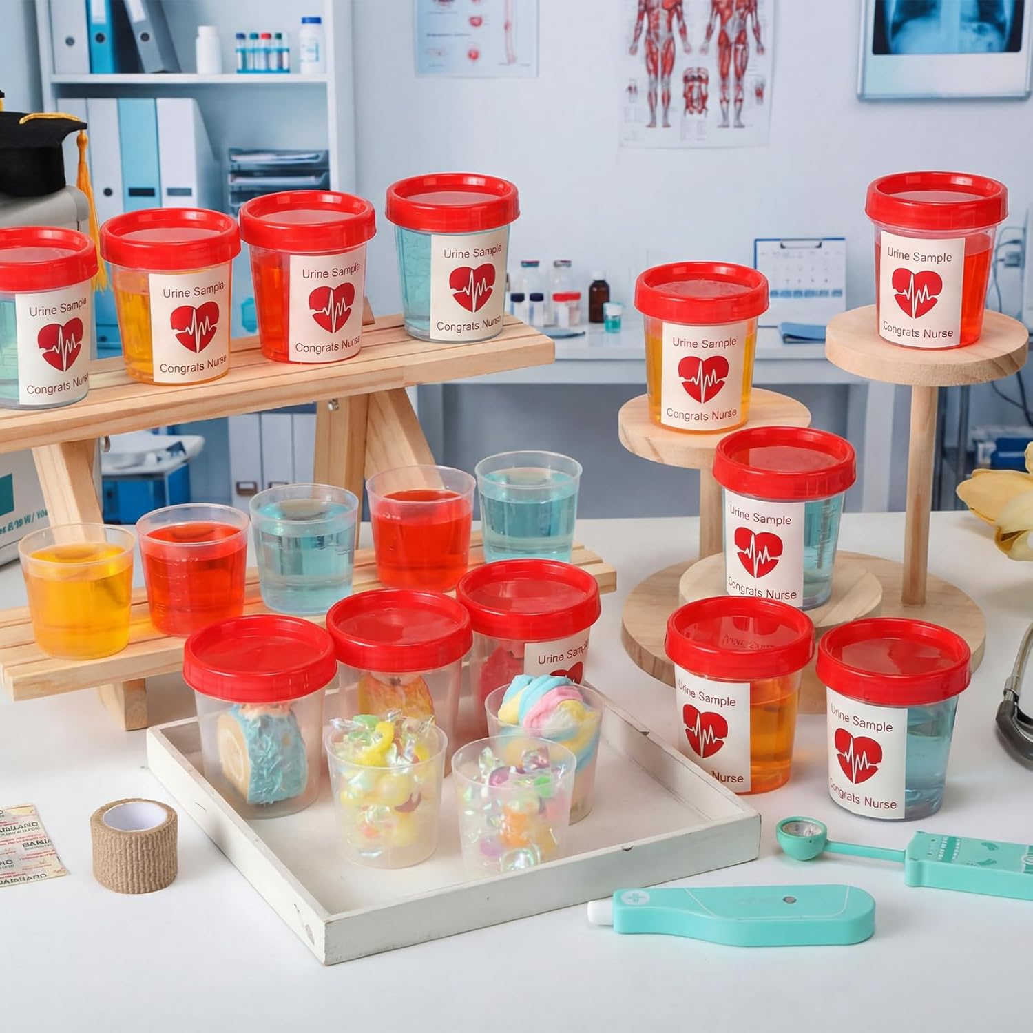 Threlaco 100 Pcs Nursing Graduation Party Supplies Set 4 oz Specimen Cups with Lids Urine Sample Urine Measuring Cups with Red Sticky Label for Congrats Nurse Party Favor Liquid Kit (Red)