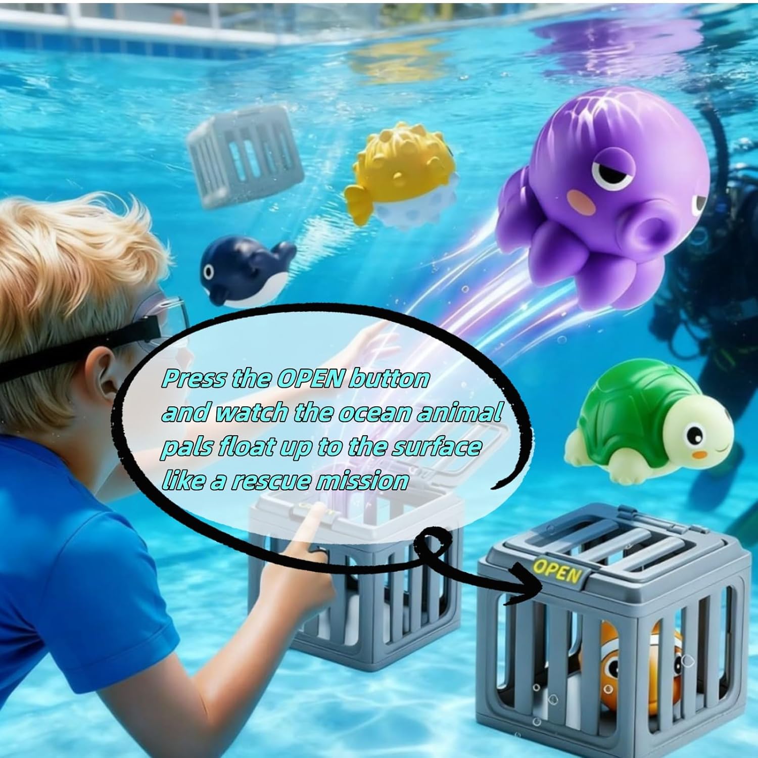 Underwater Dive Rescue Toys, 6PCS Pool Diving Toys with Storage Fish Box, Colorful Animal Pool Sinkies Swimming Training Game, Summer Pool Floating Play Set Fun Outdoor Swim Lake Beach Party
