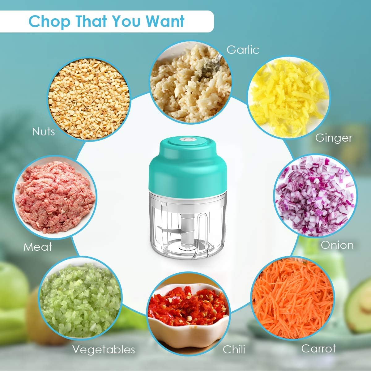 Electric Garlic Chopper, Multi Function Portable Electric Food Chopper, Onion Chopper For Garlic, Ginger, Pepper and Minced Meat (Green)