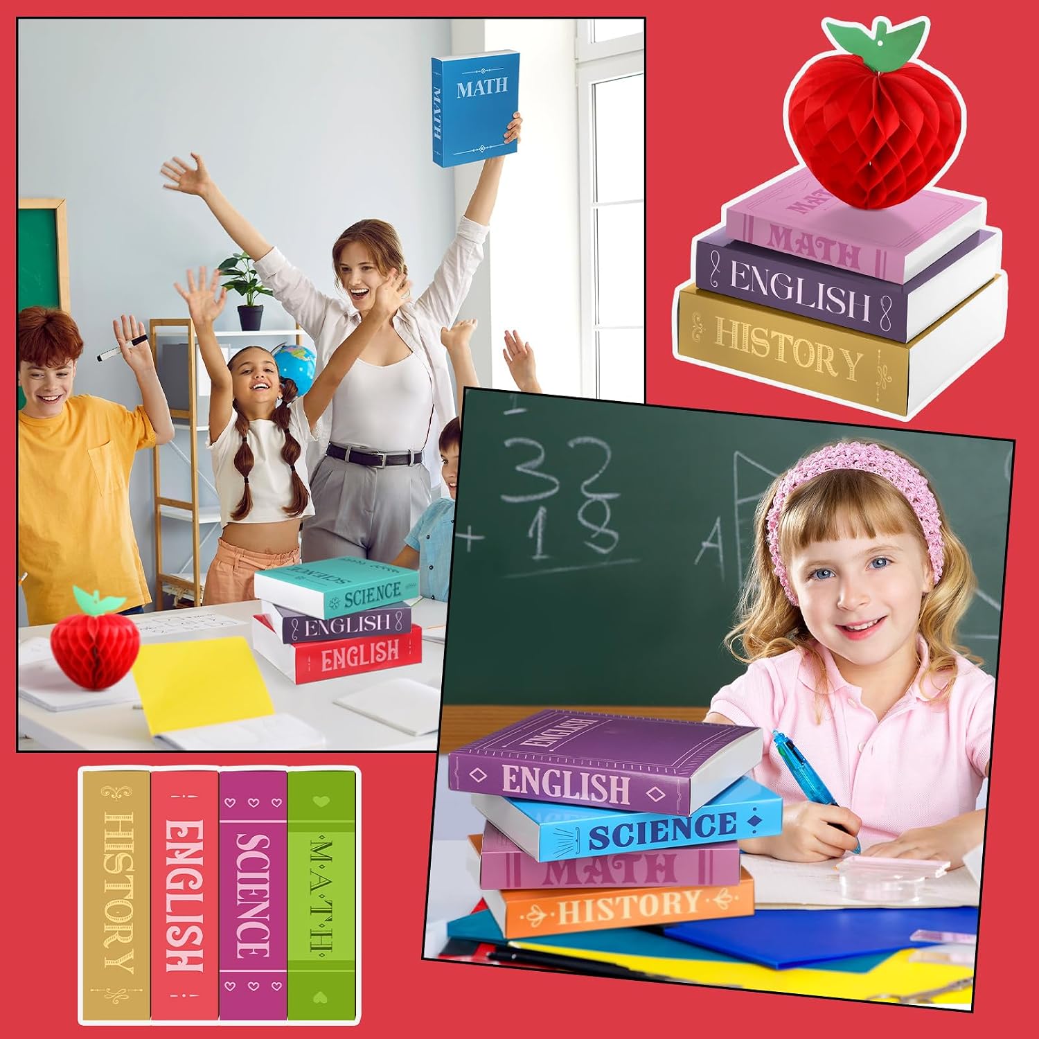 4 Sets Preschool Graduation Tables Centerpieces Honeycomb Apple and Paper Book Stack Sign Kindergarten Graduation Party Table Centerpiece School Themed Party Decorations for Home Classroom