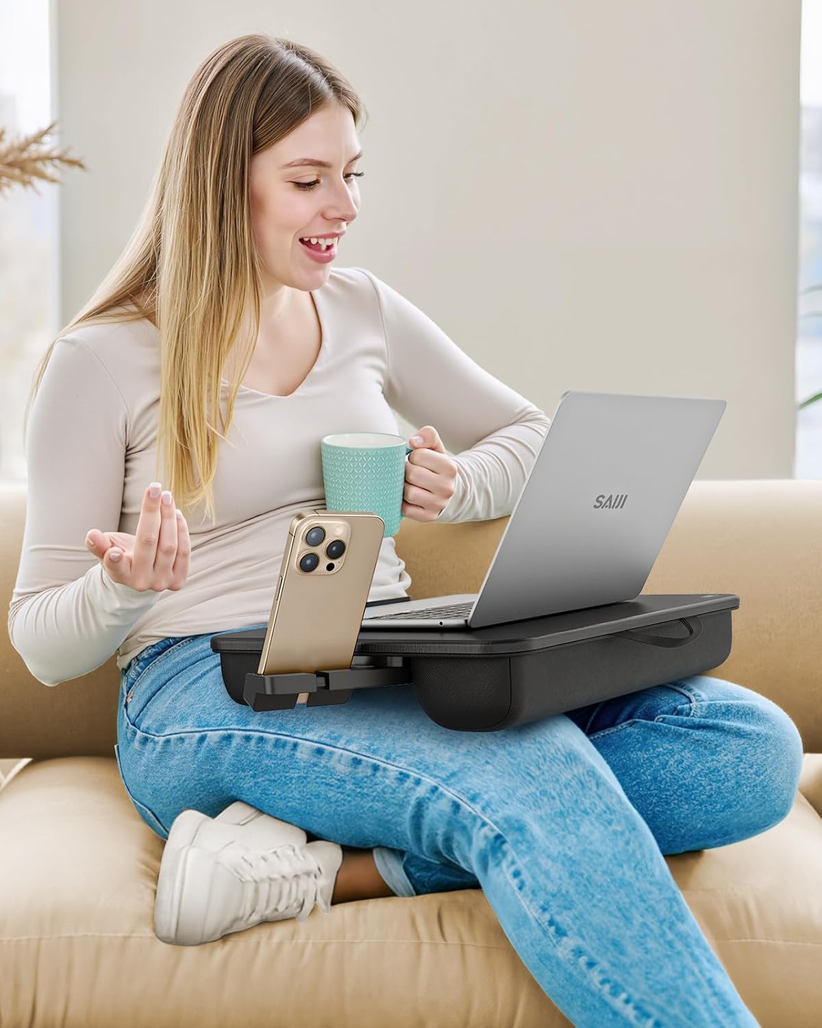 SAIJI Laptop Lap Desk, Portable Laptops Tray with Cushion, Drawer Storage, Phone Holder, 12mm Thickened Panel,Carry Handle, Computer Laptop Stand for Bed Fits Up to 15.6 Inch Laptops - Image 3