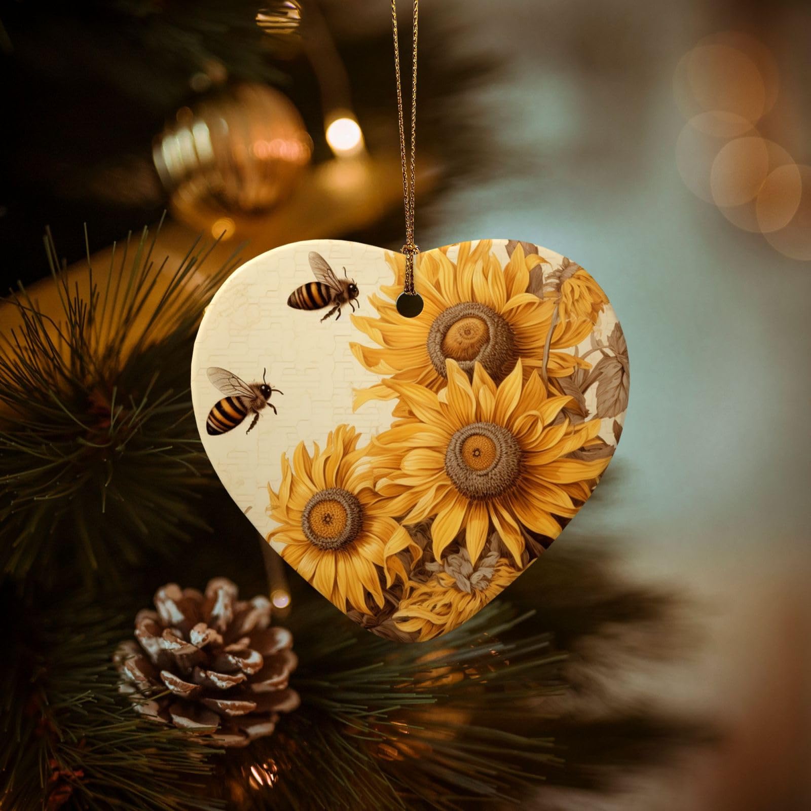 Christmas Tree Ornaments Ceramics Christmas Decorations Bees and Sunflowers Ornaments with Gold Ribbon Porcelain Xmas Tree Crafts Heart Shape Hanging Pendant for Christmas Tree Party Decor