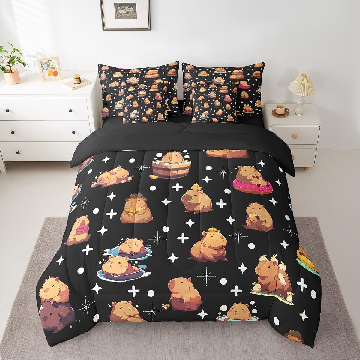 Erosebridal Capybara Lover Bedding Sets Twin,Cartoon Capybara Comforter Set,Kawaii Bed in a Bag Brown Wildlife(Comforter+Fitted+Flat Sheet+2 Pillowcases+2 Throw Pillow Covers) 7 Pieces Bed Set