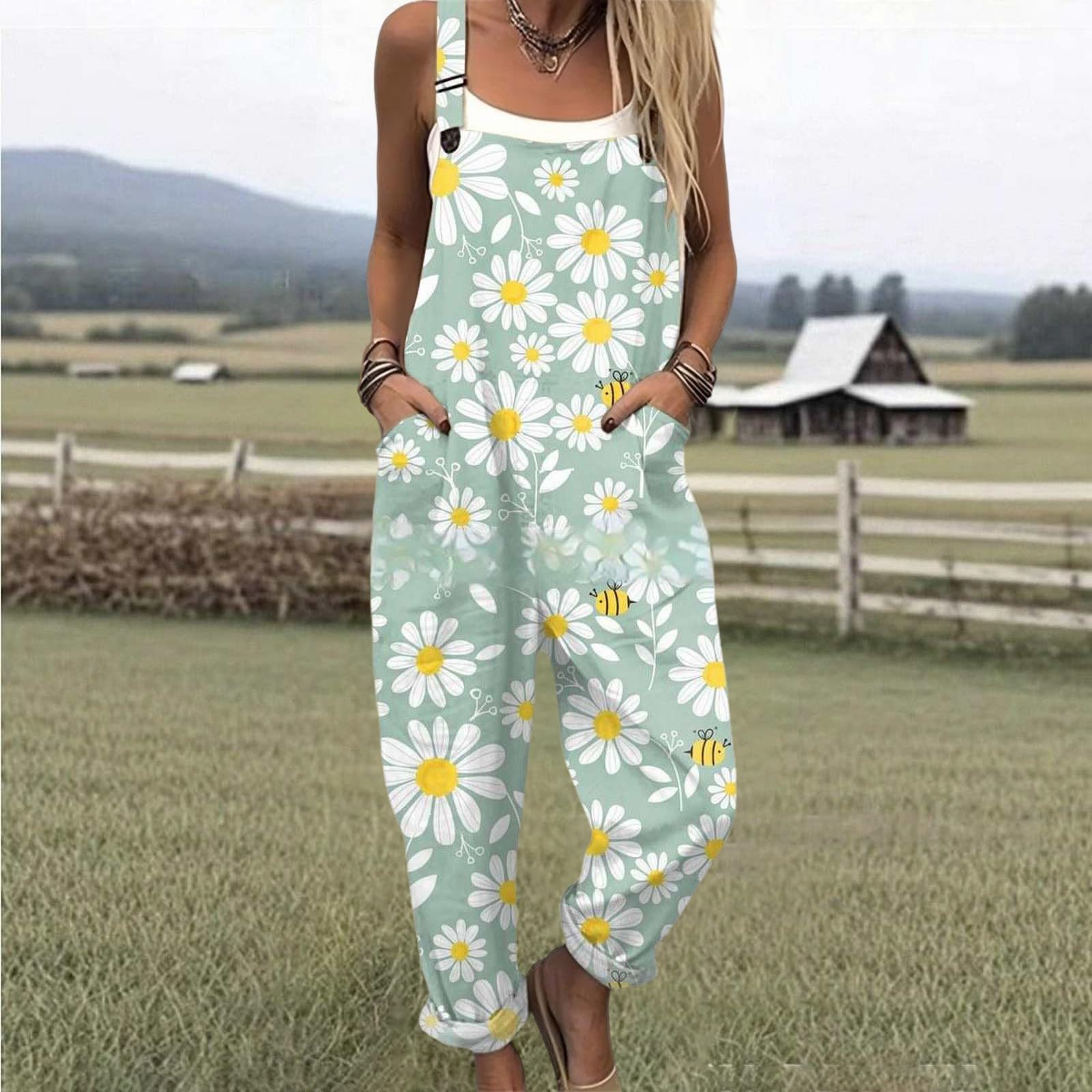 Generico Salopette Donna Estiva Lunga Elegante Tuta Jumpsuit Intera Curvy Casual Moda Stampa Jumpsuits Comoda Larga Pantaloni Da Lavoro Con Tasca Leggera Baggy Salopettes Casa, Playsuit Spiaggia