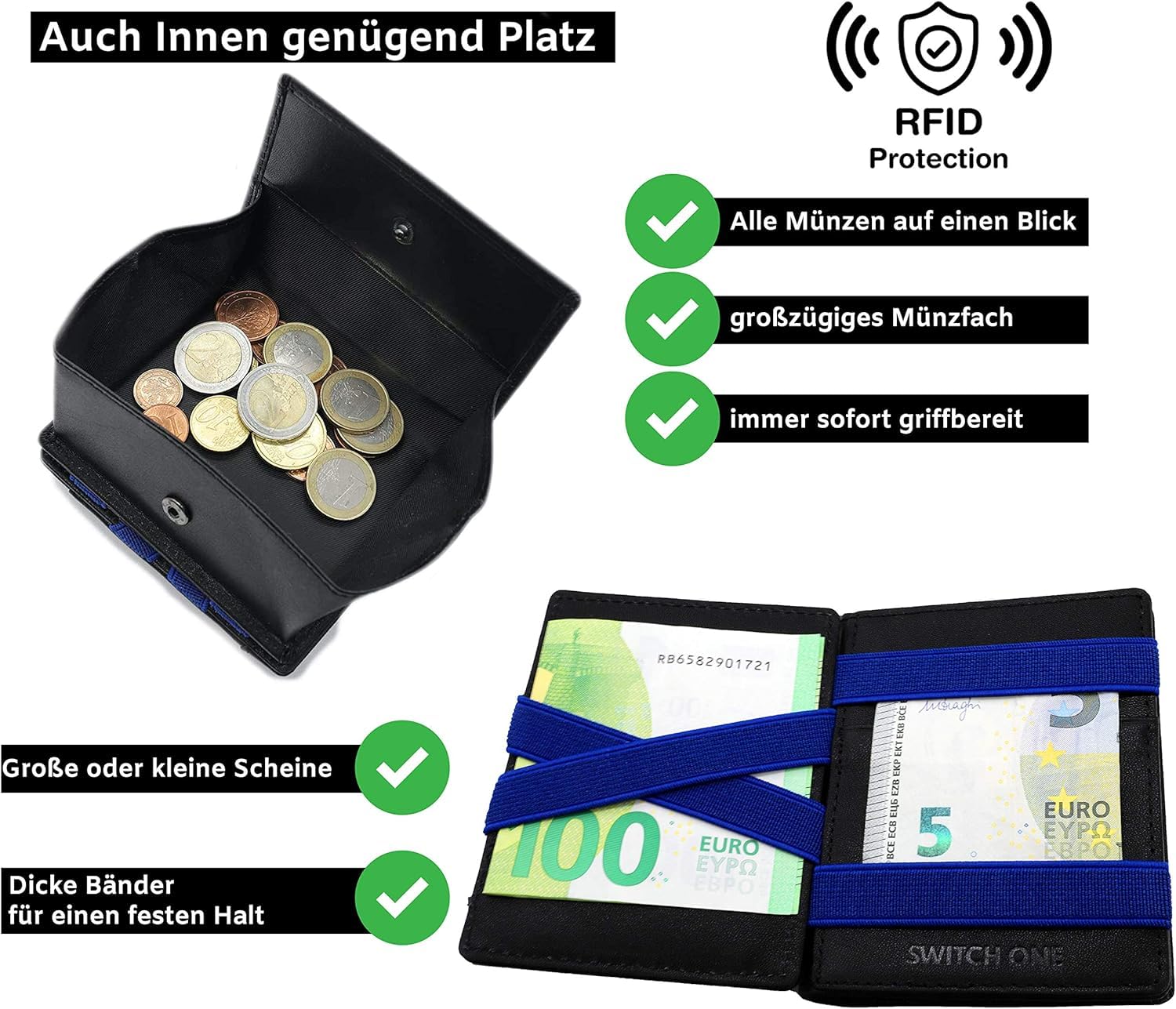 Maverick Switch One Magic Wallet mit Münzfach – Echtleder Geldbörse für Herren & Damen | Karten, Scheine & Münzen in einem | RFID Schutz | Inkl. Geschenkbox