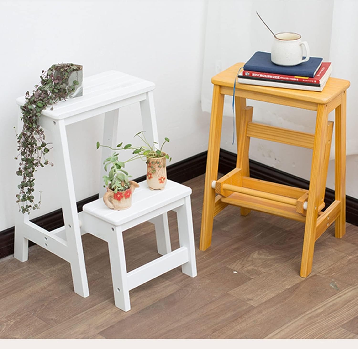 Wooden Folding Step Stool Chair 2 Step Ladder Lightweight Foldable for Home Kitchen Loft Camping White