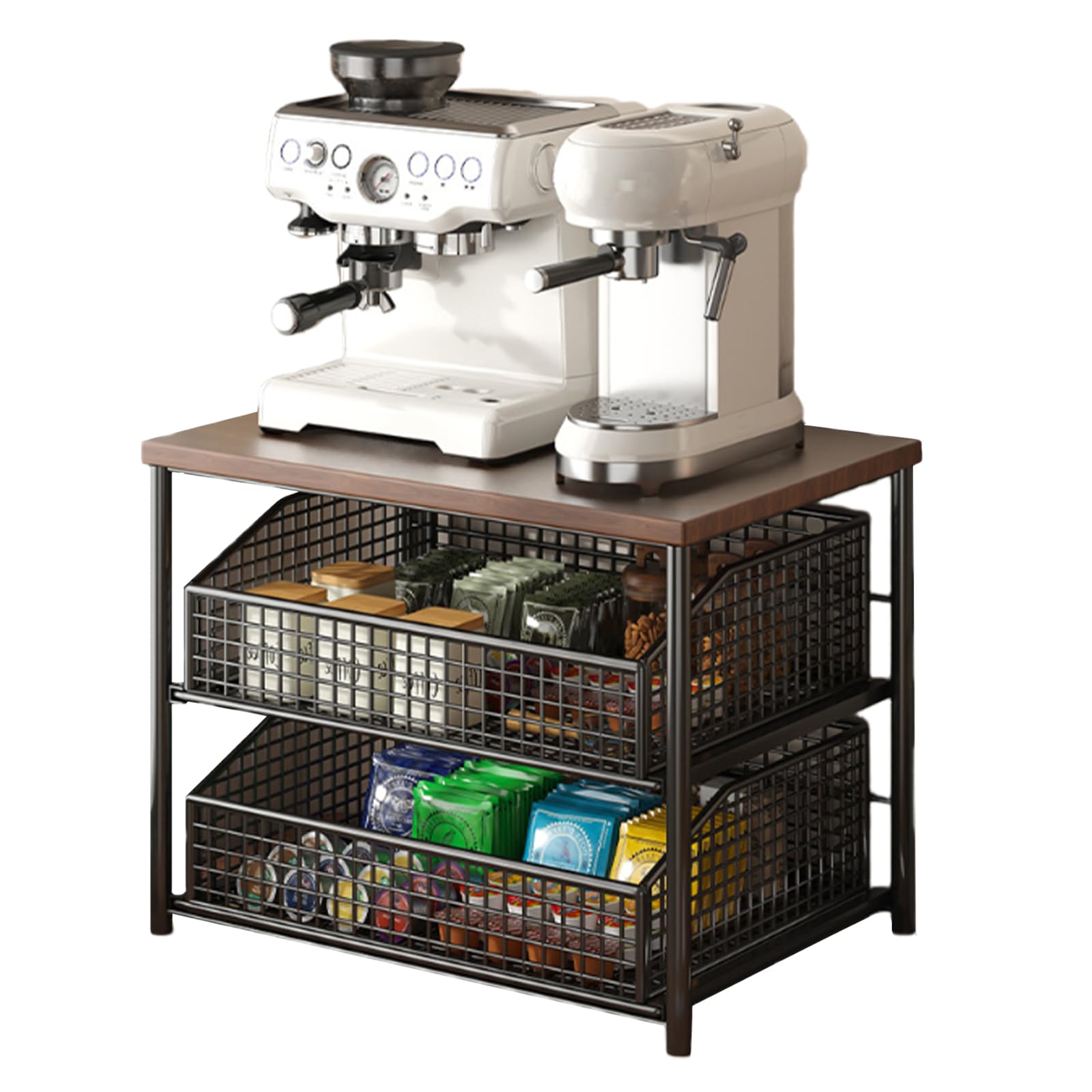 – Coffee Machine Stand with 2 Drawers, Countertop Coffee Bar Organizer Stand, Walnut Wood Top Coffee Pod Storage with 2 Sliding Mesh Baskets for Kitchen Counter, Pantry, Office