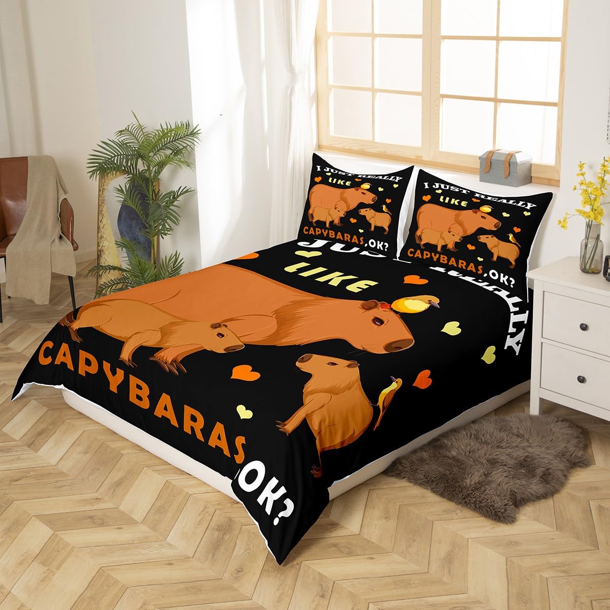 Homemissing Floral Capybaras Duvet Cover Floral Capybaras Bedding Set Kawaii Animal Comforter Cover for Kids Boys Girls Cute Capybara Bedspread Cover Decor Breathable Quilt Cover Double - Image 3