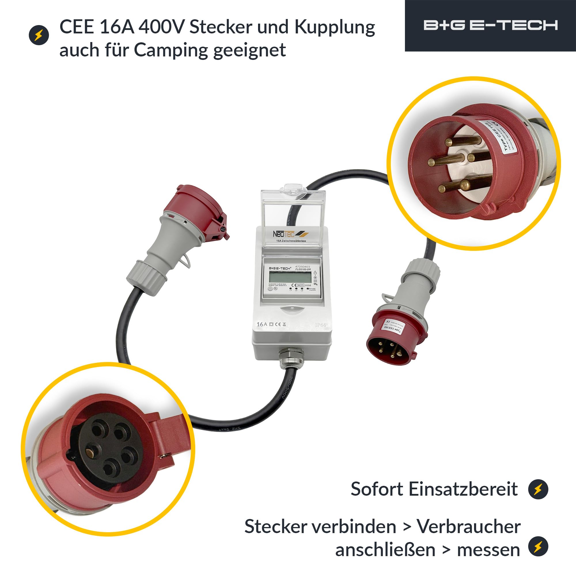 B+G E-Tech CEE 16A 400V Mobile Stromzähler Box Digitaler Zwischenzähler mit Reset-Funktion MID Zertifiziert