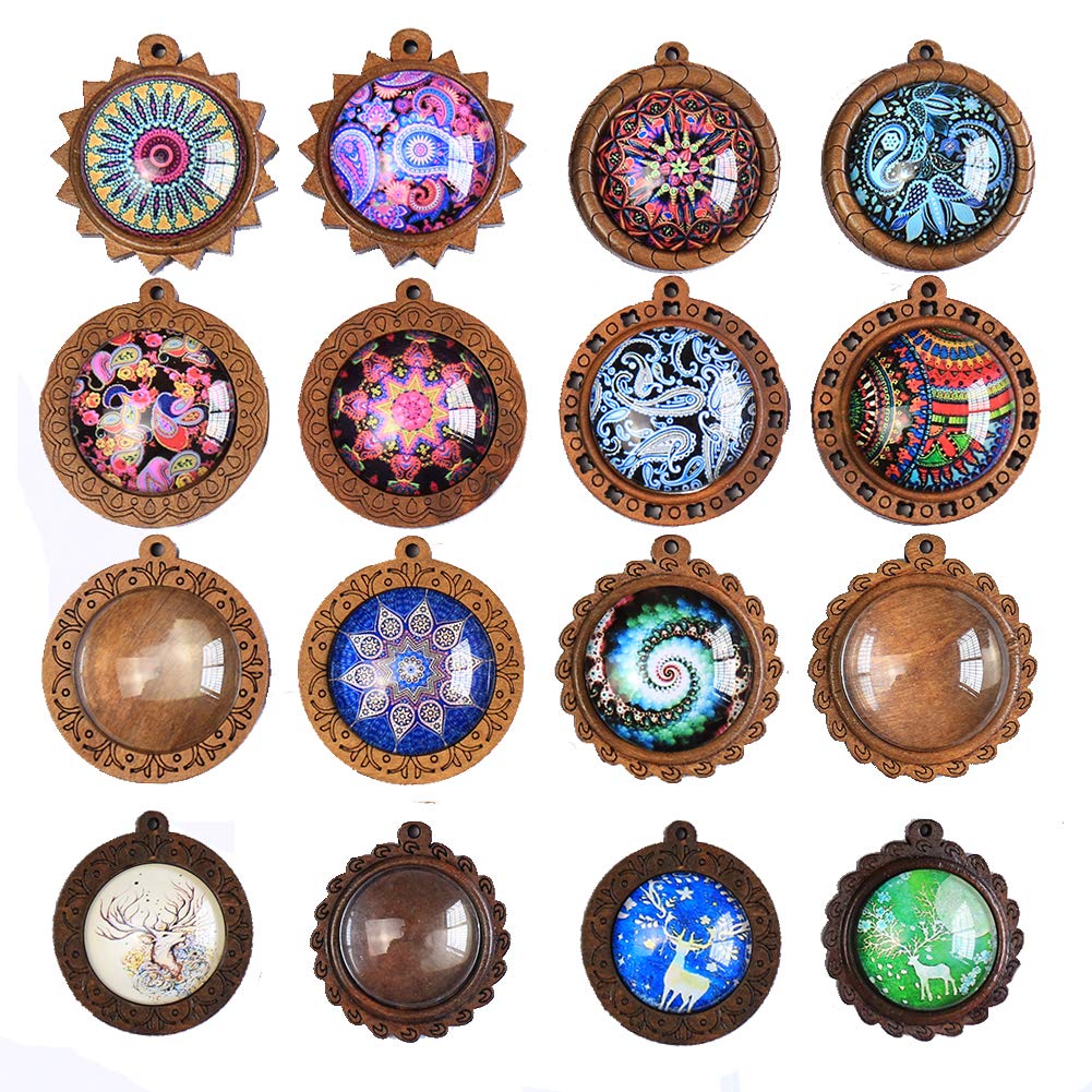 DAHI Bezel Pendant Trays Round Wooden and Glass Cabochon Round Clear Dome, Pendants with Glass Cabochons