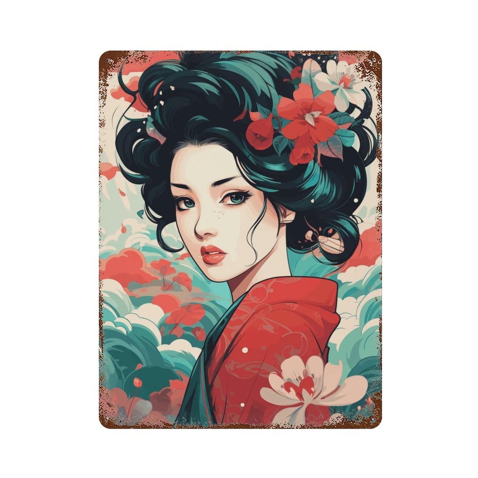 Geisha Rusty Metal Tin Sign 15.7"x11.8", for Farmhouse, Kitchen And Entryway Decor, Rustic Home Decor