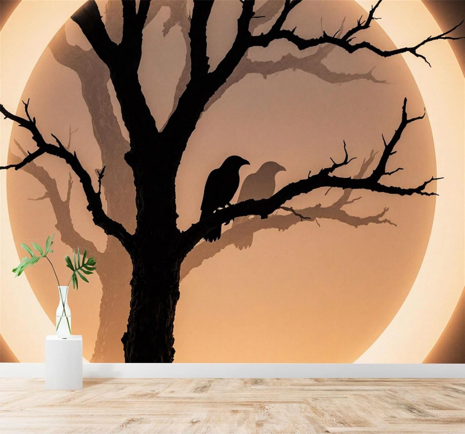 Xlming 430Cm×300Cm(B×H) Minimalist Silhouette Of A Crow On A Branch Beautiful Full Moon Sunset 3D Wallpaper Premium Textured Silk Study Dining Living Room Bedroom Sofa Tv Wall Easy Install-430Cm×300Cm