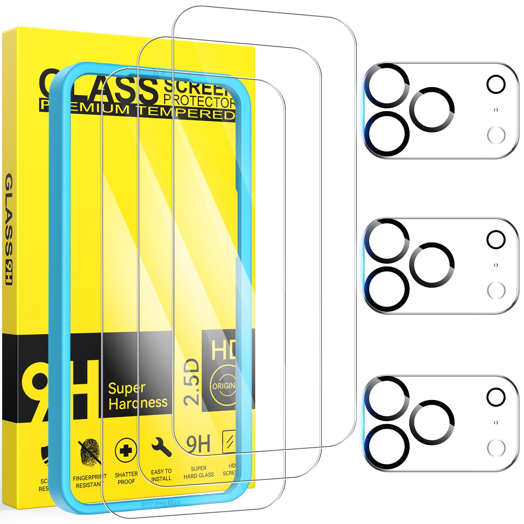 3 Piezas Protector Pantalla Para iPhone 17 Pro Max con 3 Piezas Protector Camara, 6,9 Pulgadas, Dureza 9H, HD Cristal Templado, Antiarañazos, Antihuellas, Sin Burbujas, Ultra Transparente