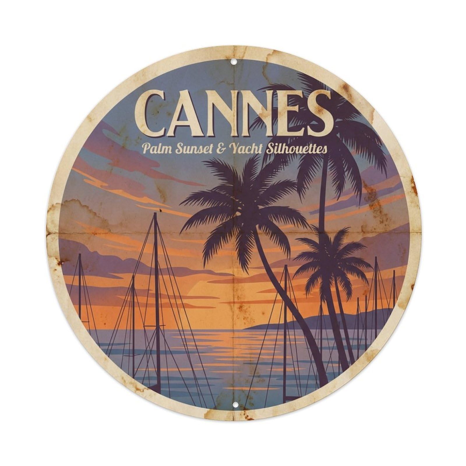 Culture Travel Palm Sunset Marina French Riviera Cannes Metal Tin Sign