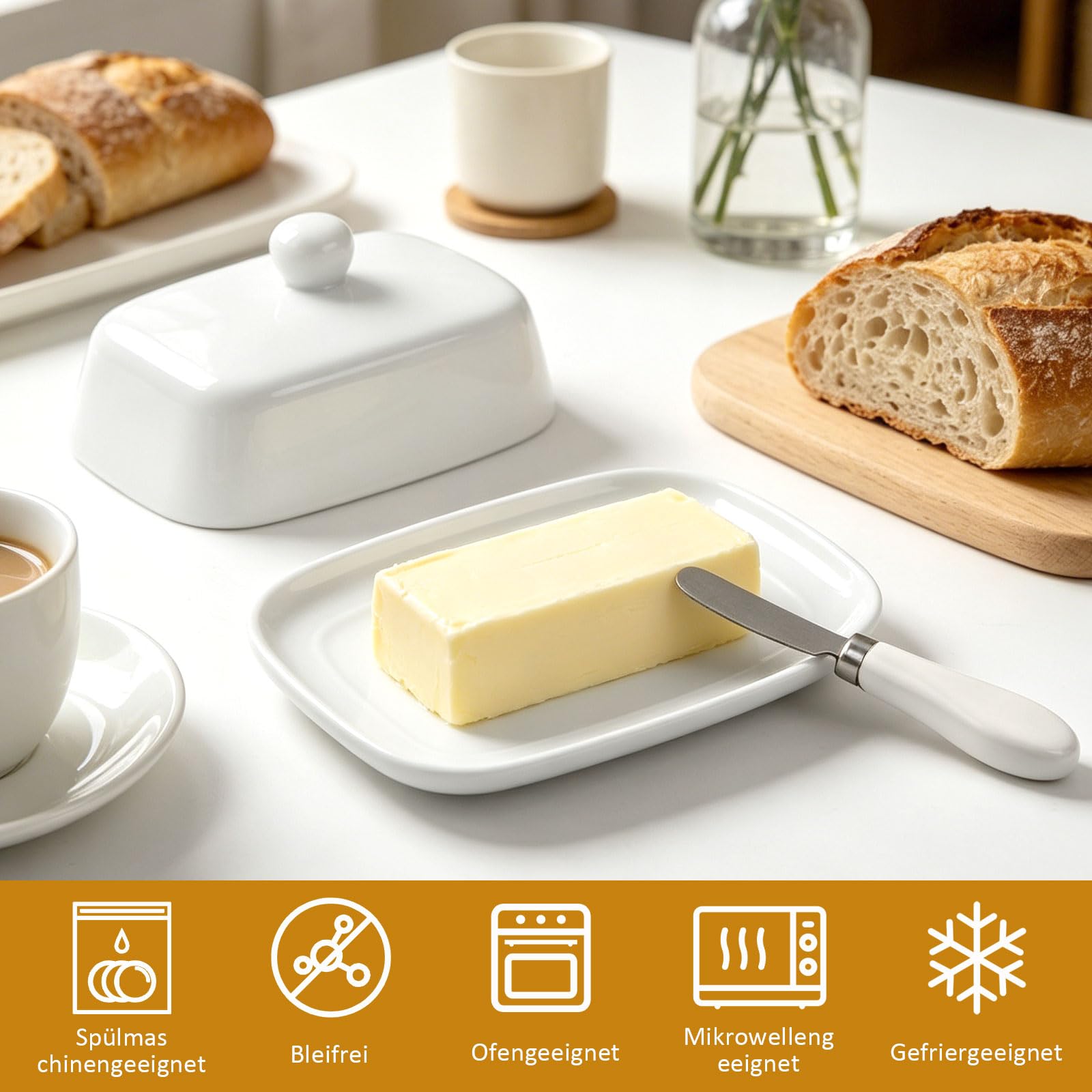 Butterdose Keramik mit Buttermesser– Weiße Porzellan Butterdose für 250g Butter, Mit Deckel für Frischehaltung