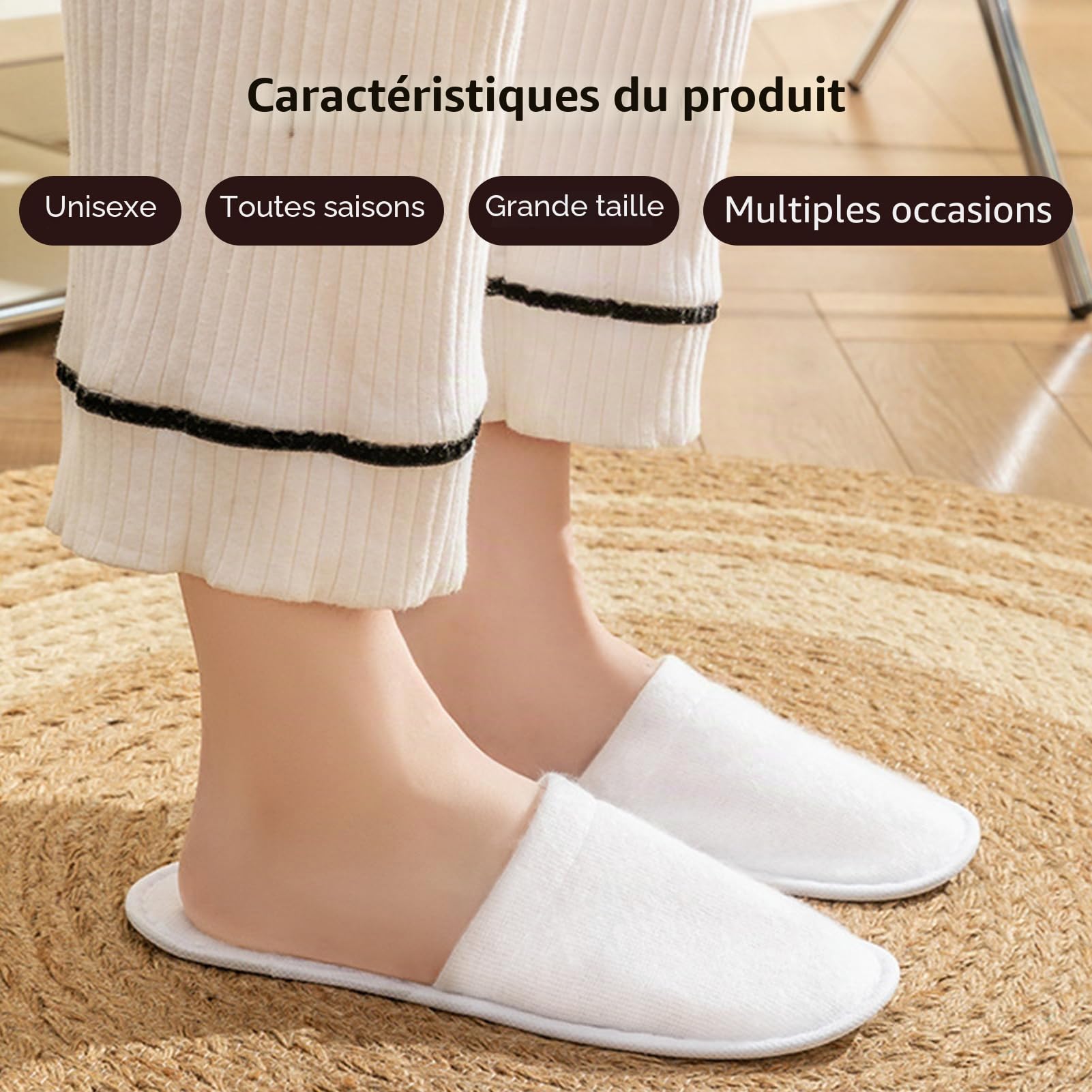 Jenngaoo Pantoufles Hotel Jetable 12/20/50 Paires, Chaussons Jetables Lot, Chausson Invites Non Tissé et Peluche Antidérapantes Portatives Pantoufles Jetables d'hôtel (Femmes/Hommes, Blanc)