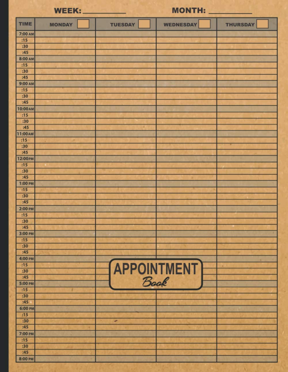 Appointment Book: 8 Column Week to View - Weekly and Hourly Appointment Planner for Salons, Spas, Hair Stylists, Barbershop, Nail Technicians, Beauty ... with 15 Minute Increment - Undated 53 Weeks