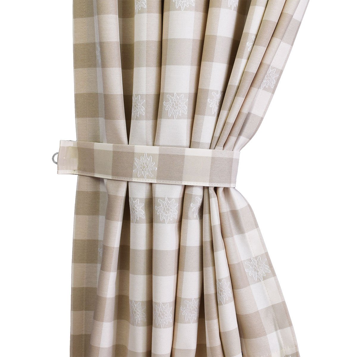 Schlaufen-Dekoschal Karo-Edelweiß Beige | Landhaus-Vorhang beige-weiß kariert 8 Schlaufen hochwertige Webware | Übergardine für Küche, Esszimmer, Gästewohnung, Kaminzimmer Höhe x Breite 145 x 130 cm