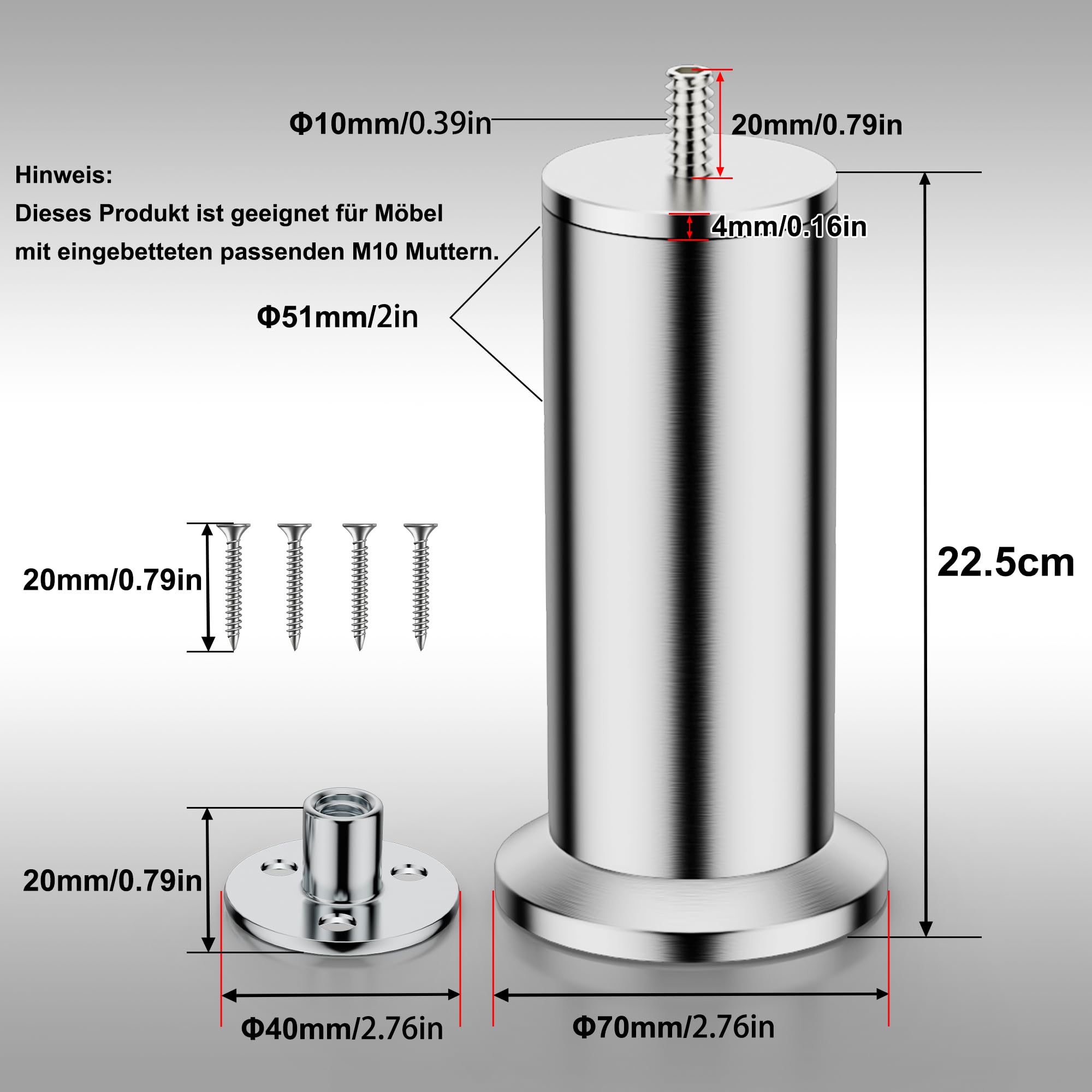4 patas ajustables para muebles, de acero inoxidable, para armarios, cama, sofá, patas de mesa, altura regulable, utiliza tornillos M10, soporta más de 600 kg (22,5 cm)