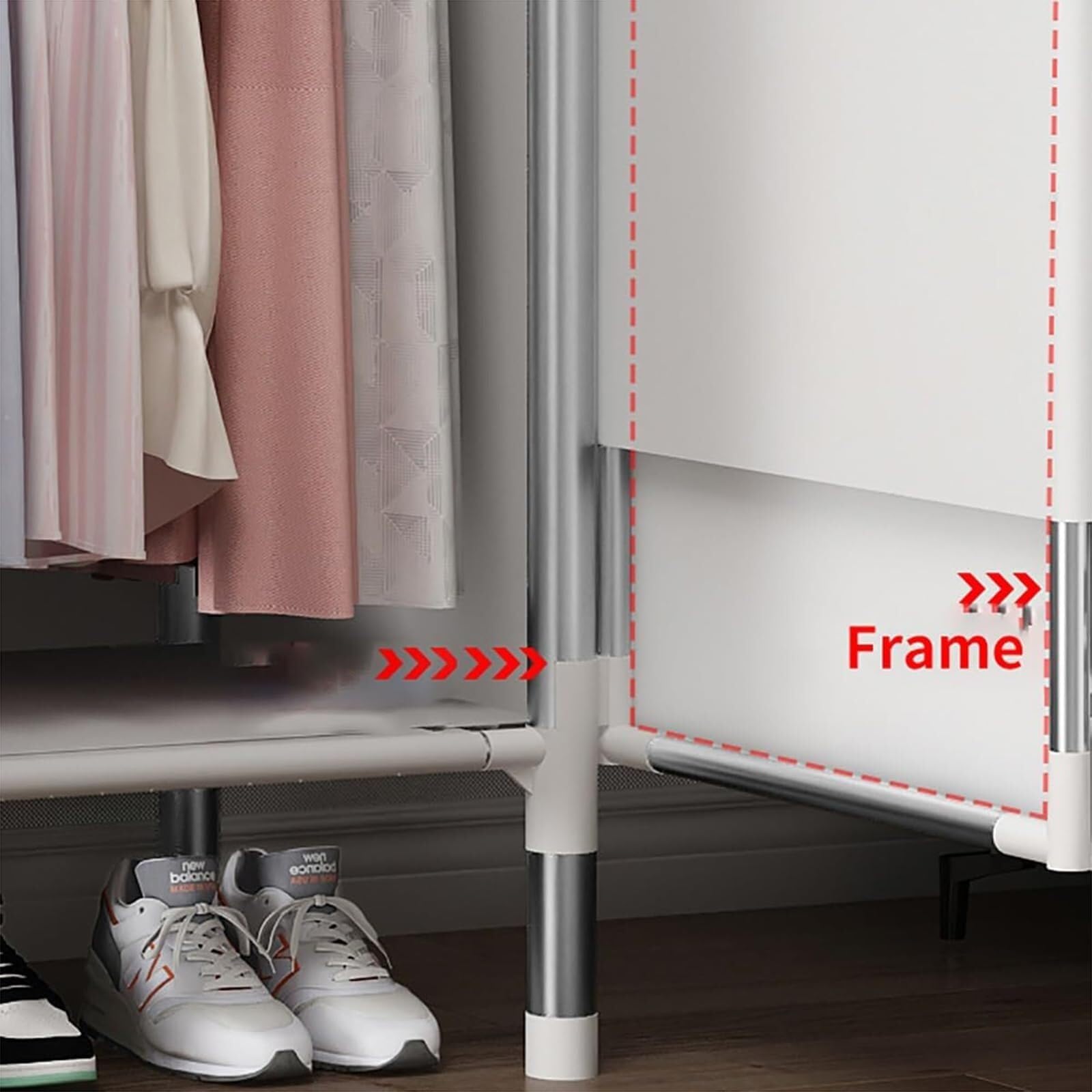 Płócienny organizer do szafy z metalowym stojakiem na ubrania, do sypialni, półek do przechowywania, wolnostojący system szafy z drążkiem do zawieszania (50 x 172 cm)