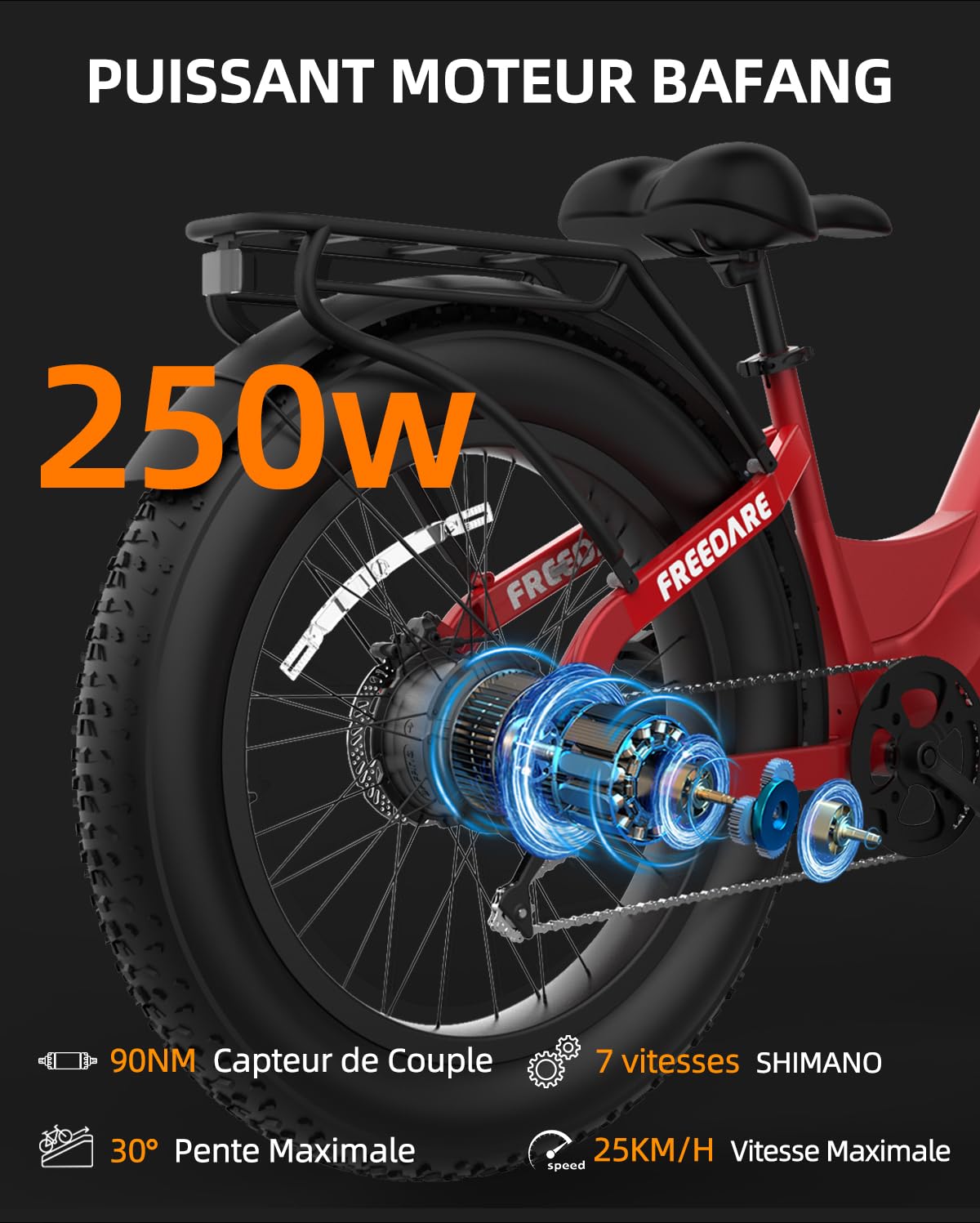 FREEDARE Vélo Électrique Eden pour Adulte Femme Homme avec Moteur BaFang 250W 90Nm Batterie 48V 20Ah Autonomie 150km Capteur de Couple GPS et App Smart VTT Pneus Kenda 26 x 4 Pneus Fat