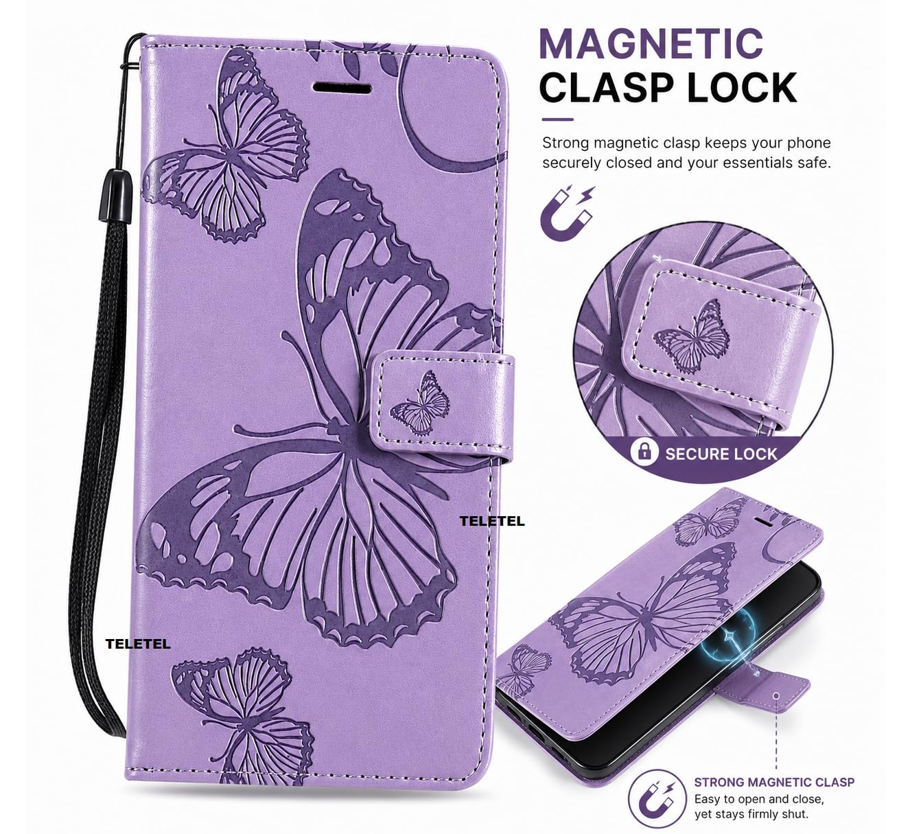 TELETEL Diva Series Butterfly Embossing Pu Leather Flip Wallet Case Cover with Card Holder | Magnetic Closure (Purple) for Redmi Note 11 & Redmi Note 11S 1