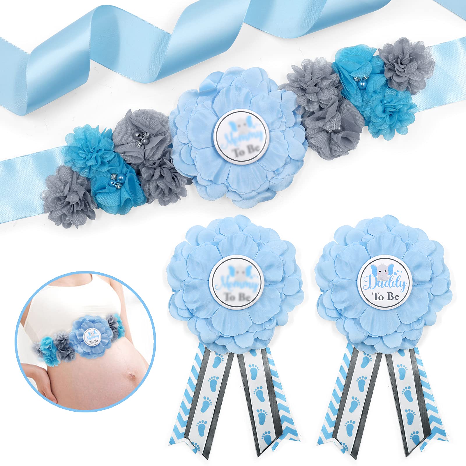 EunikrokoBlue Elephant Maternity Sash Mom to Be & Daddy to Be Corsage Set Blue and Gray Flower Belly Belt Blue Belly Sash Corsage Blue Little Peanut Theme Baby Shower Maternity Photography Keepsake