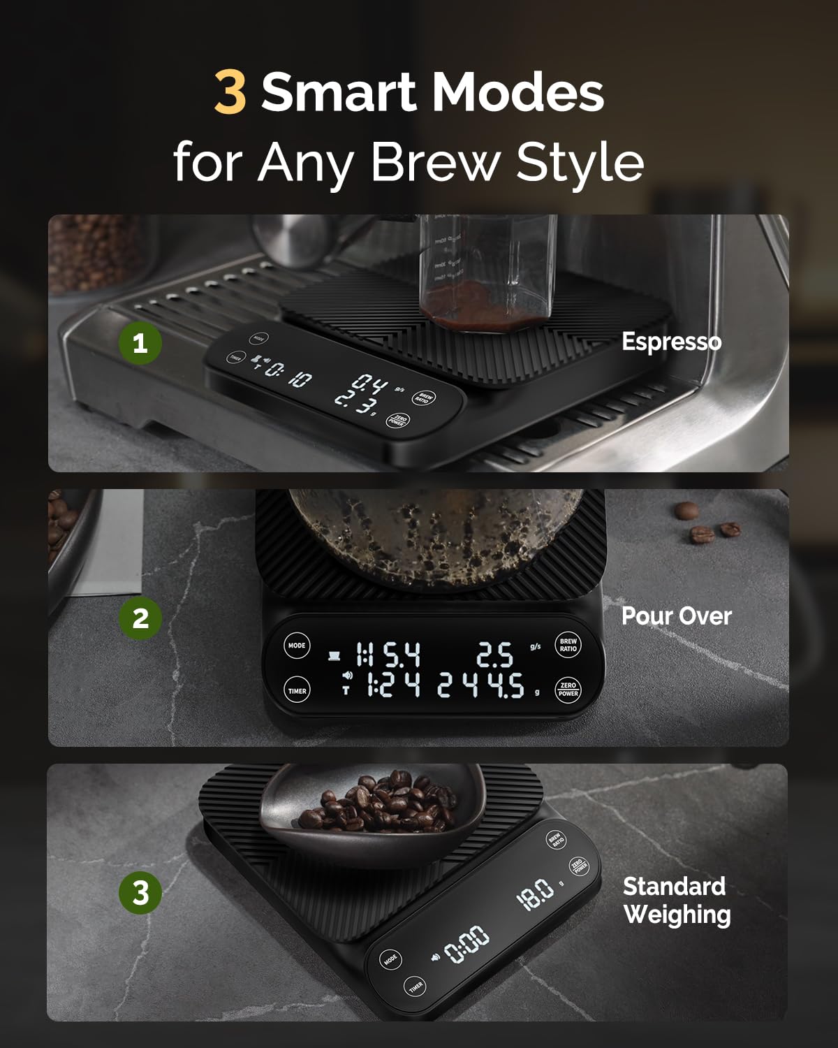 Báscula de café S3 con temporizador, báscula digital recargable de 6.6 lbs/0.00 oz, 3 modos de preparación, relaciones ajustables y pantalla de caudal, grado barista para vertido 5
