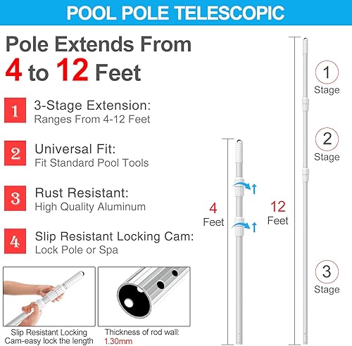 Miniatura 2 de YEECHUN Palo de piscina profesional grueso de 12 pies telescópico de aluminio se adapta a red de piscina, rastrillo de cabeza de vacío, equipo de