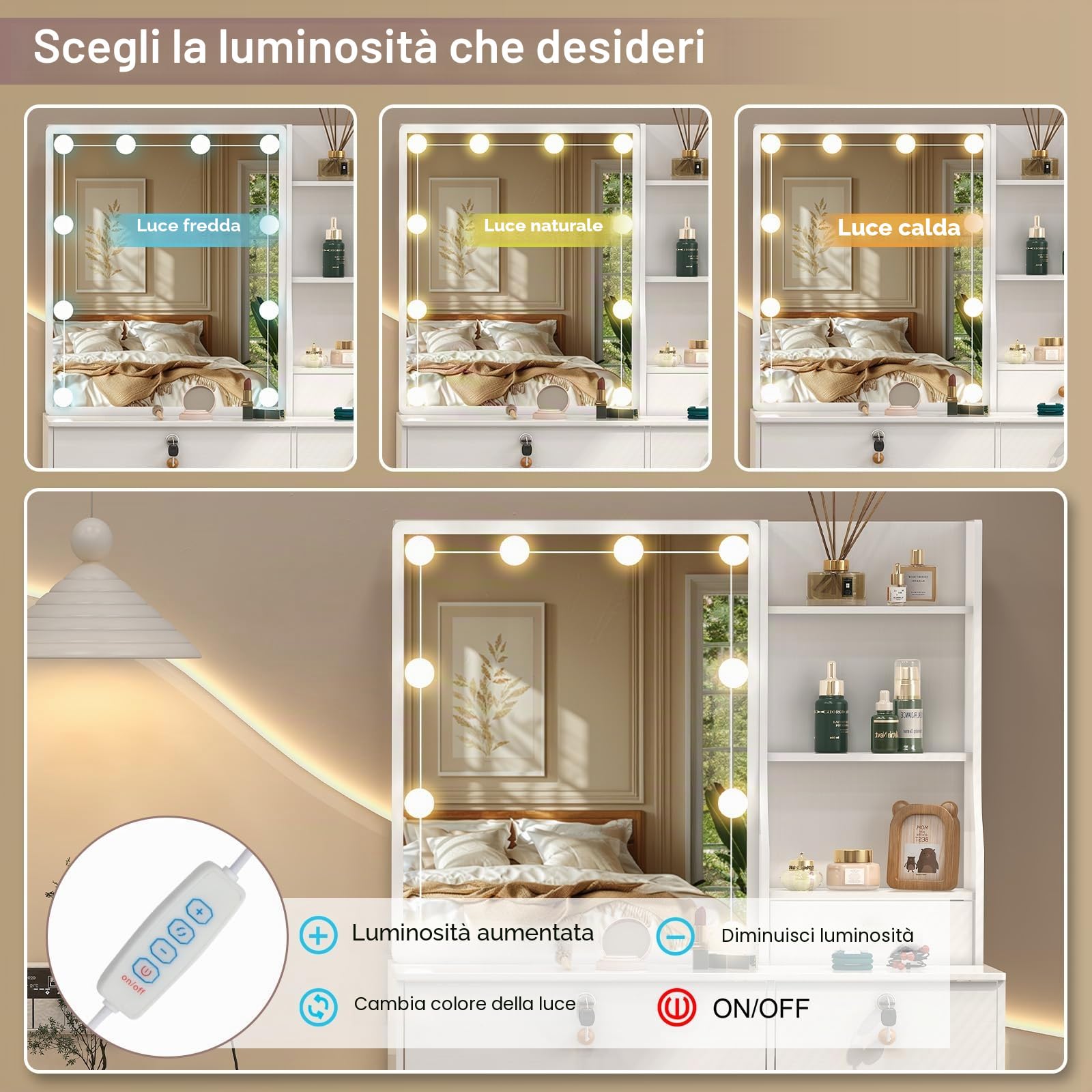 Toeletta da Trucco con Specchio Scorrevole e Sgabello, Scrivania Make Up Ampia con Luci Dimmerabili, 6 Cassetti e 6 Ripiani, 36×80×132 cm, Bianco, J72806