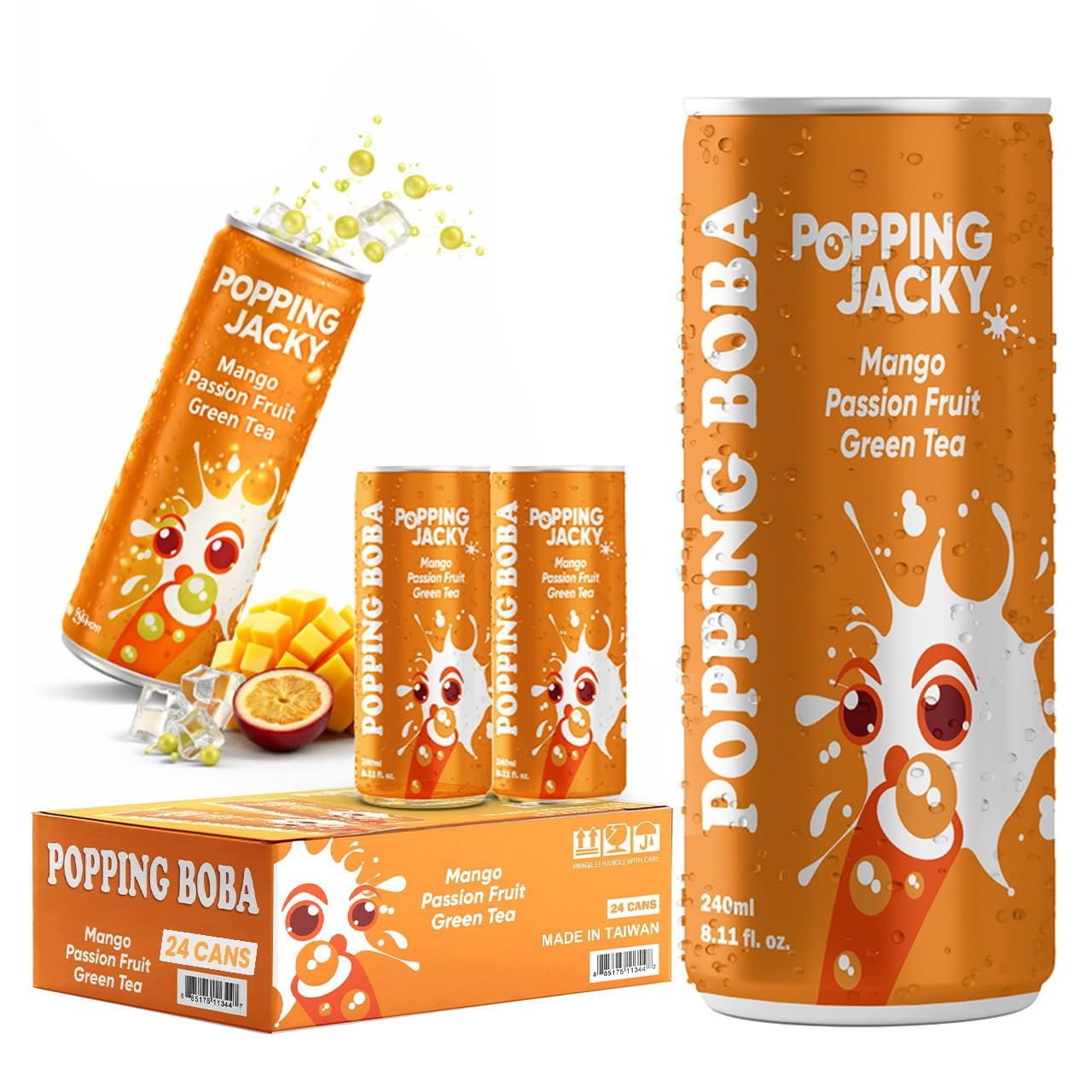 Popping Jacky Mango Passion Fruit Green Tea Drink with Popping Boba - Ready to Drink Bottled Bubble Tea with Boba Balls - Cold Refreshing Fruit Tea (Pack of 24)
